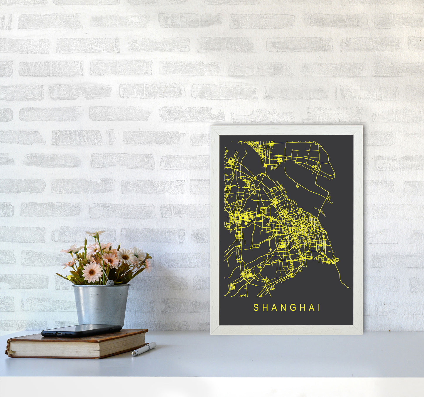 Shanghai Map Neon Art Print by Pixy Paper A3 Oak Frame