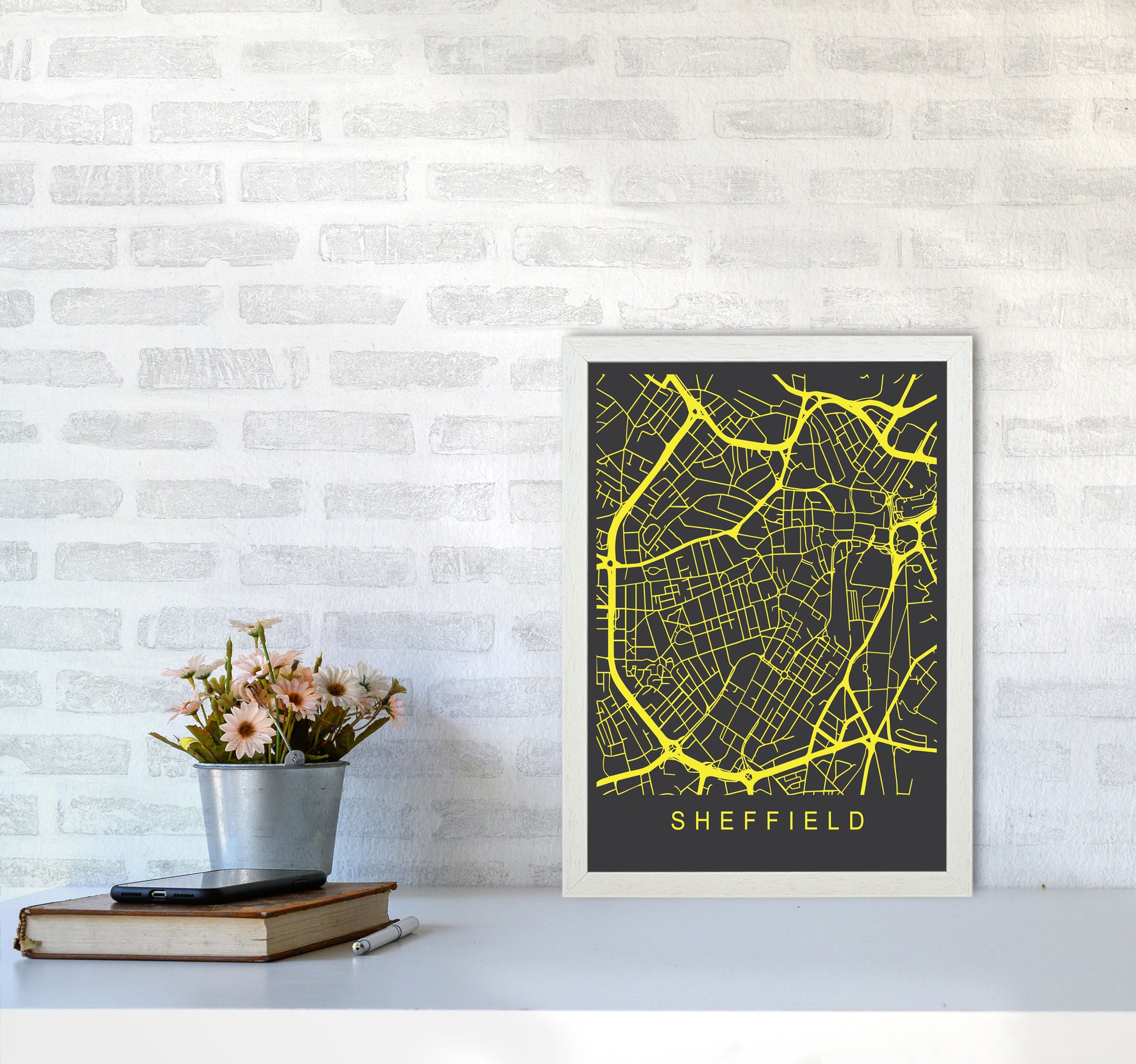 Sheffield Map Neon Art Print by Pixy Paper A3 Oak Frame