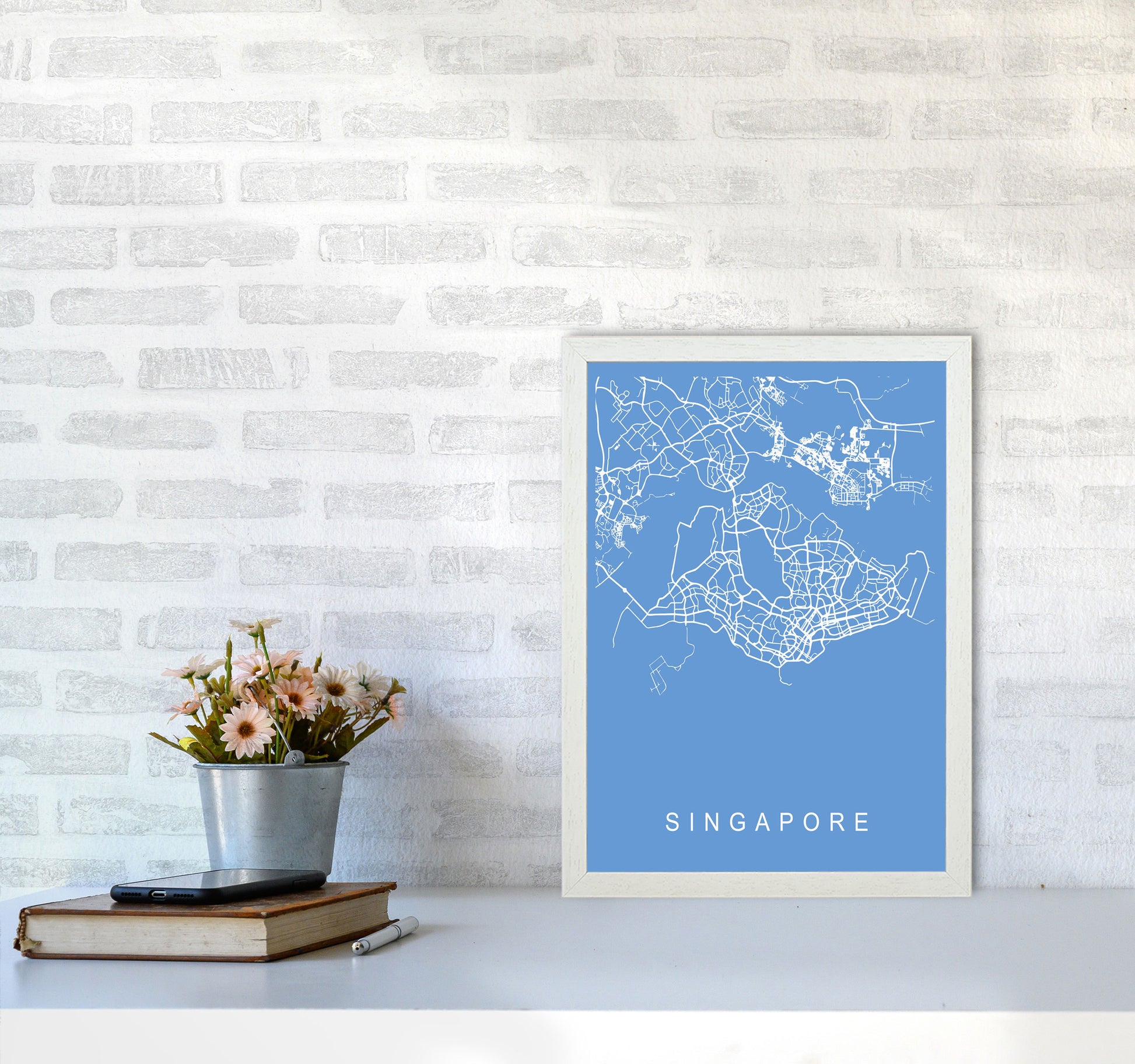 Singapore Map Blueprint Art Print by Pixy Paper A3 Oak Frame