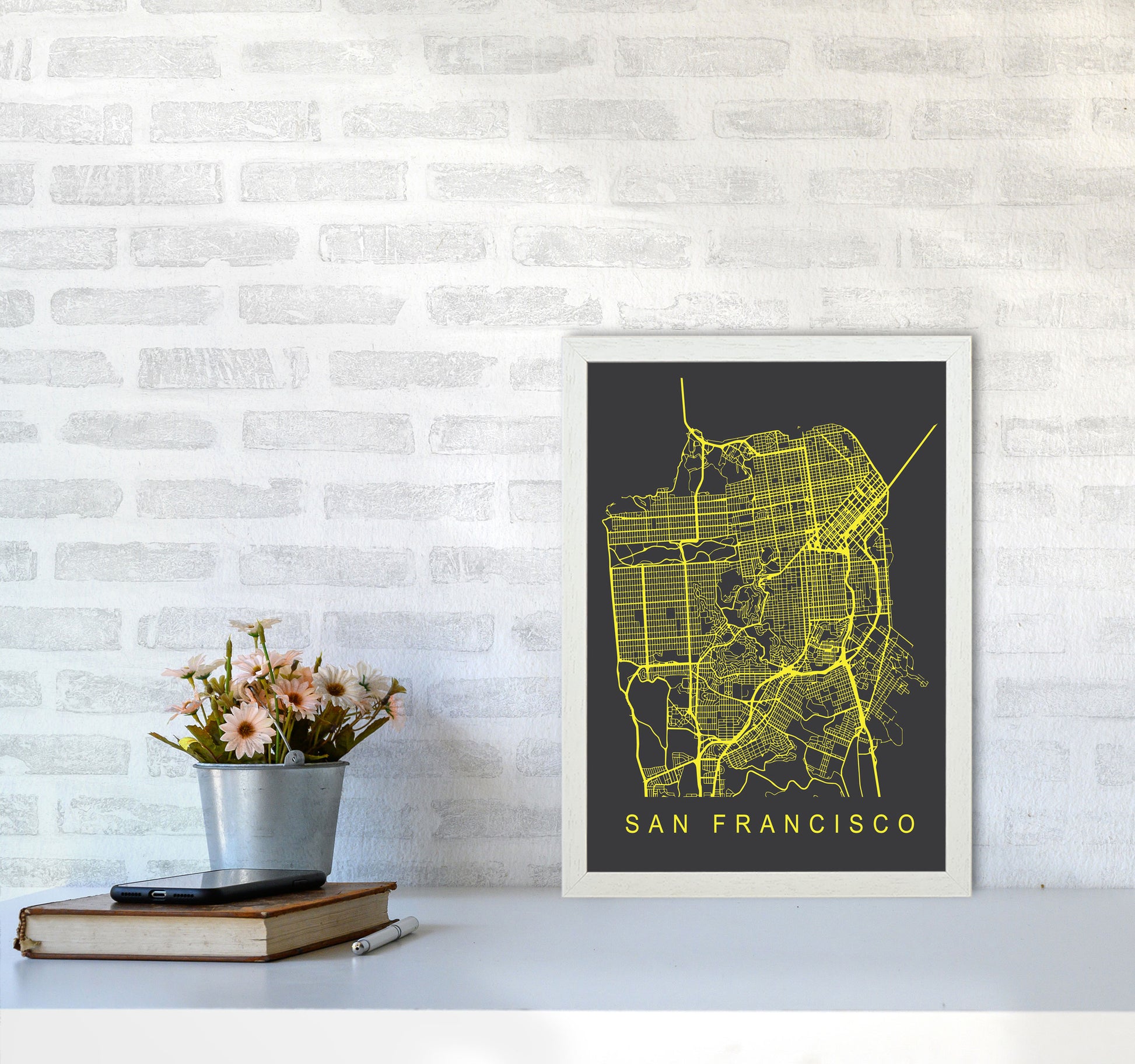 San Francisco Map Neon Art Print by Pixy Paper A3 Oak Frame