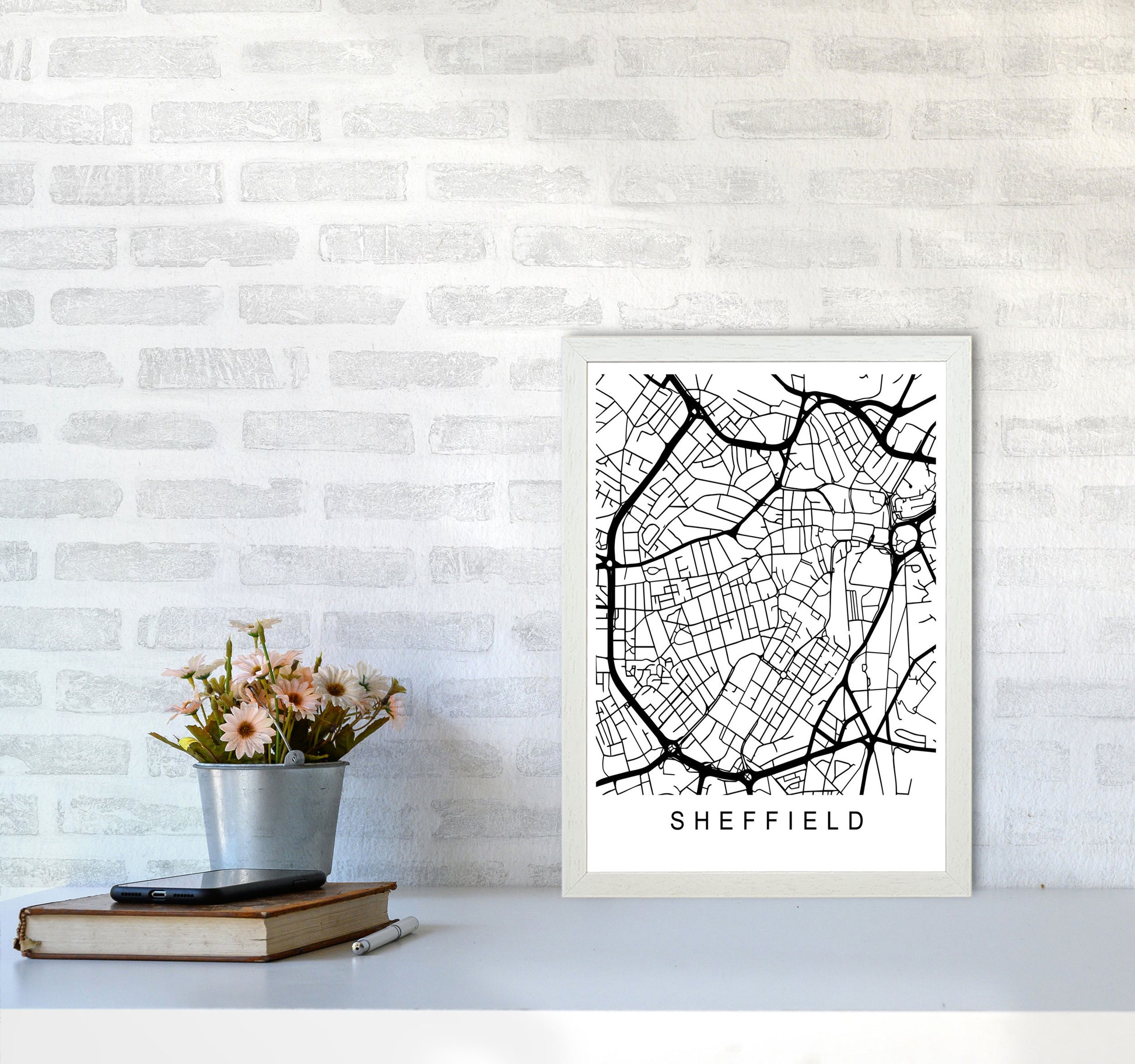 Sheffield Map Art Print by Pixy Paper A3 Oak Frame