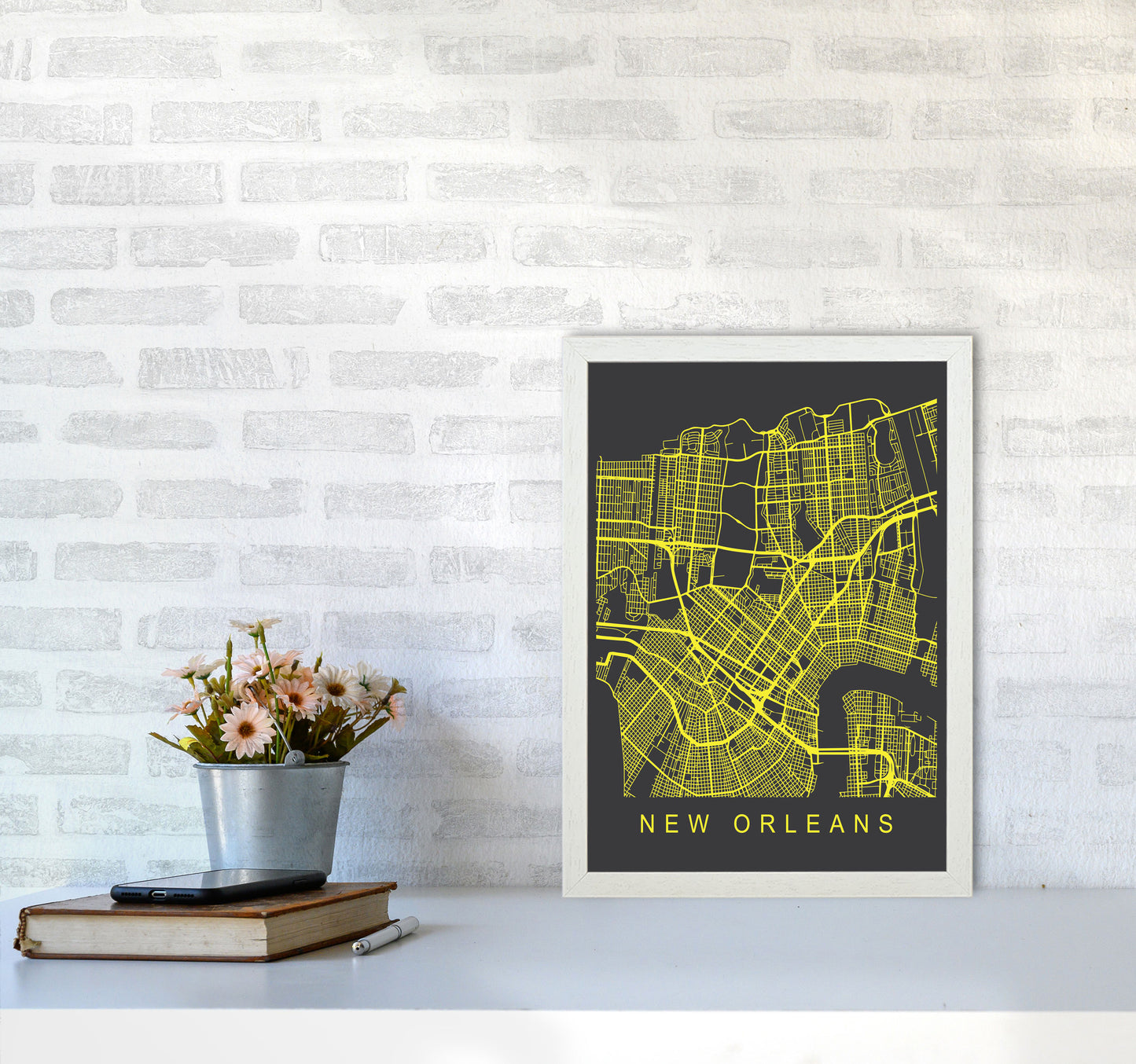 New Orleans Map Neon Art Print by Pixy Paper A3 Oak Frame