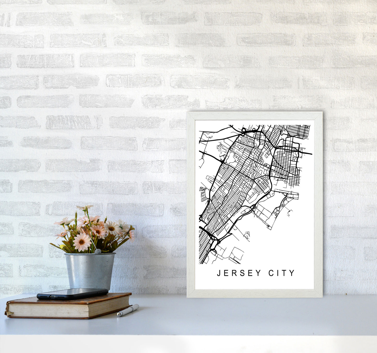 Jersey City Map Art Print by Pixy Paper A3 Oak Frame