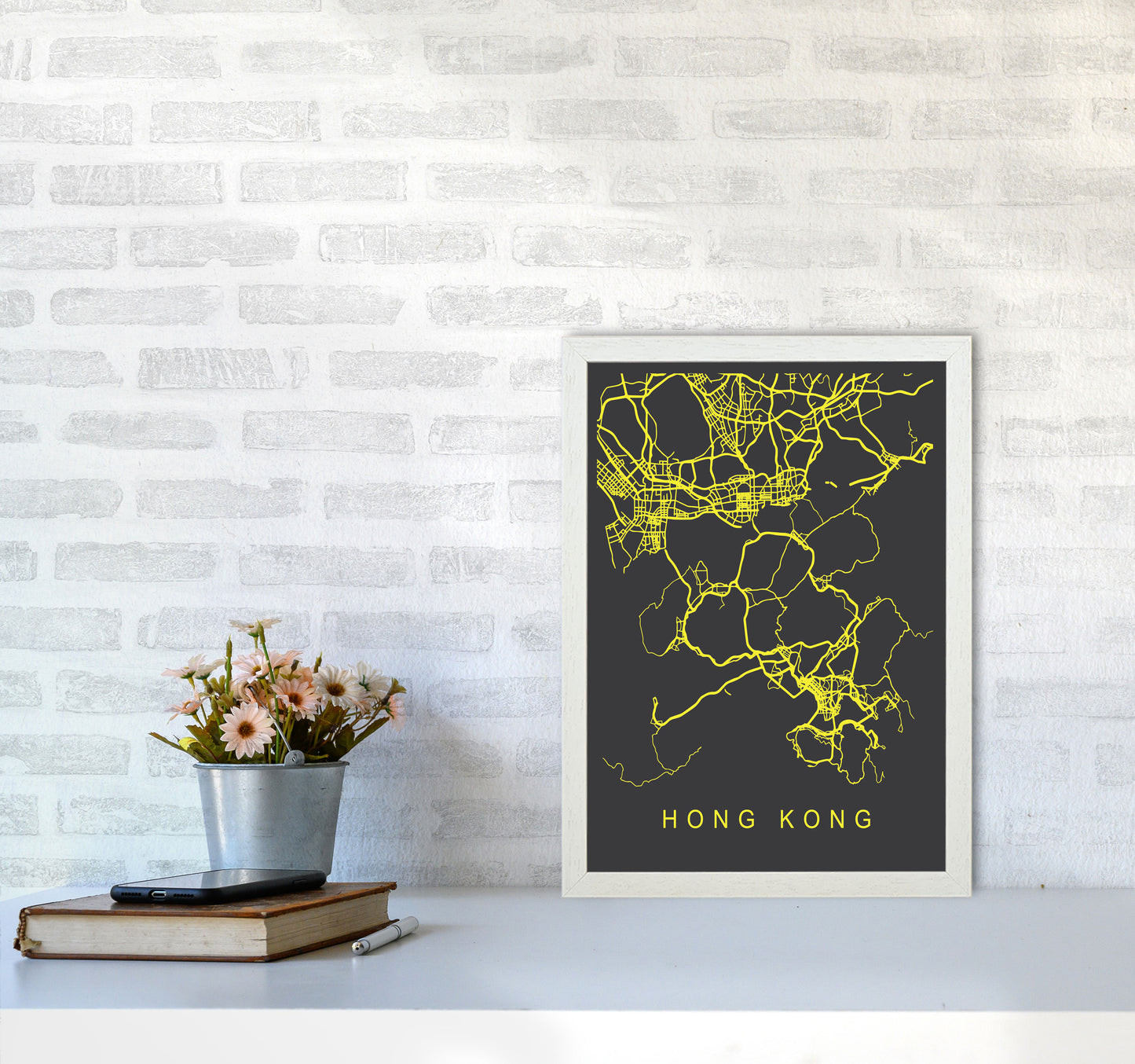 Hong Kong Map Neon Art Print by Pixy Paper A3 Oak Frame