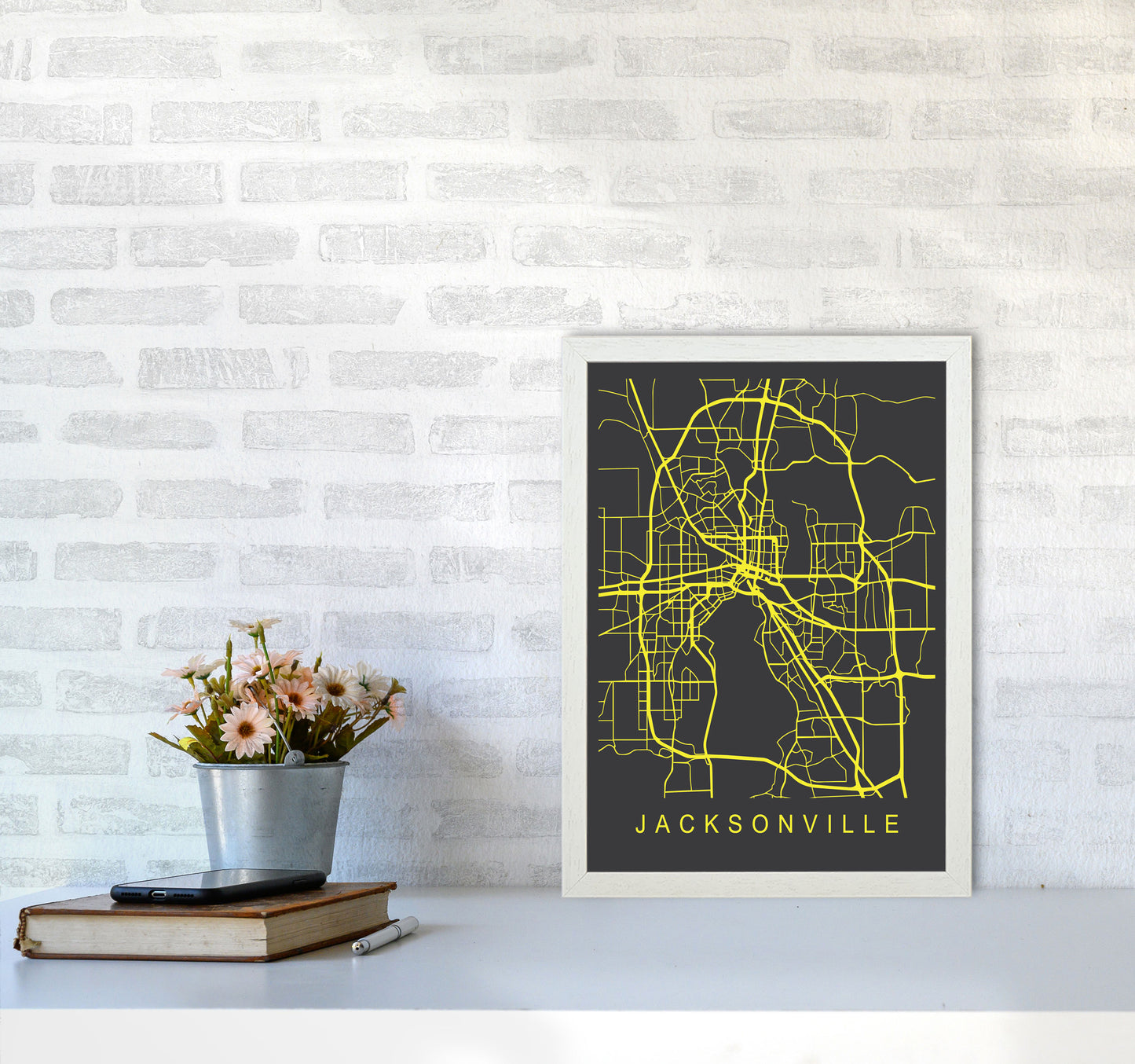 Jacksonville Map Neon Art Print by Pixy Paper A3 Oak Frame