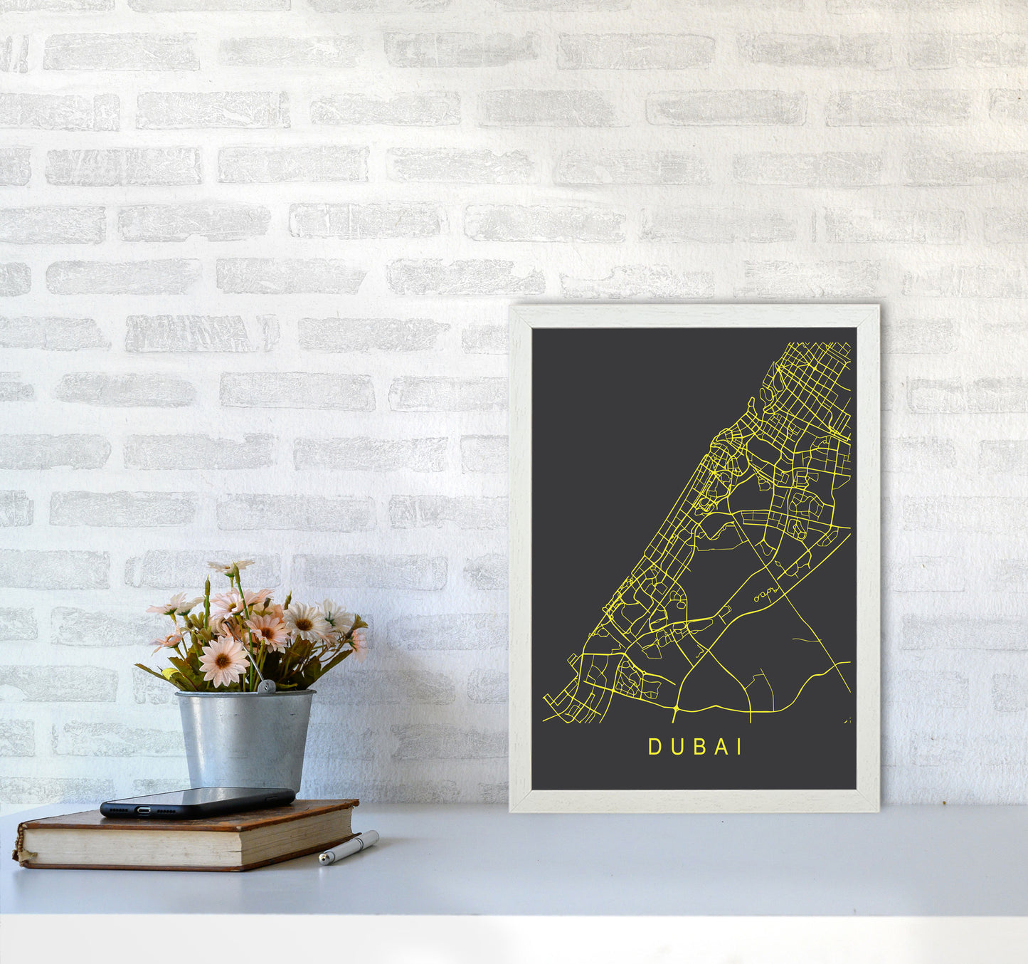 Dubai Map Neon Art Print by Pixy Paper A3 Oak Frame