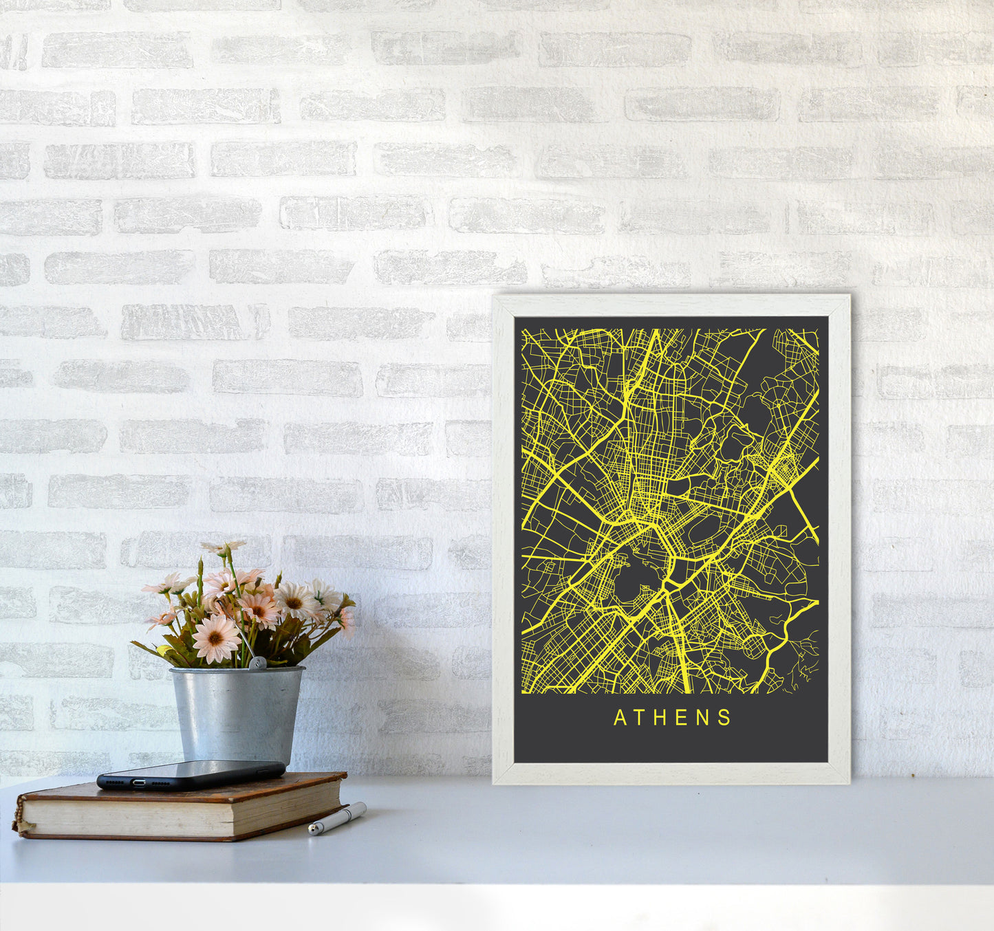 Athens Map Neon Art Print by Pixy Paper A3 Oak Frame