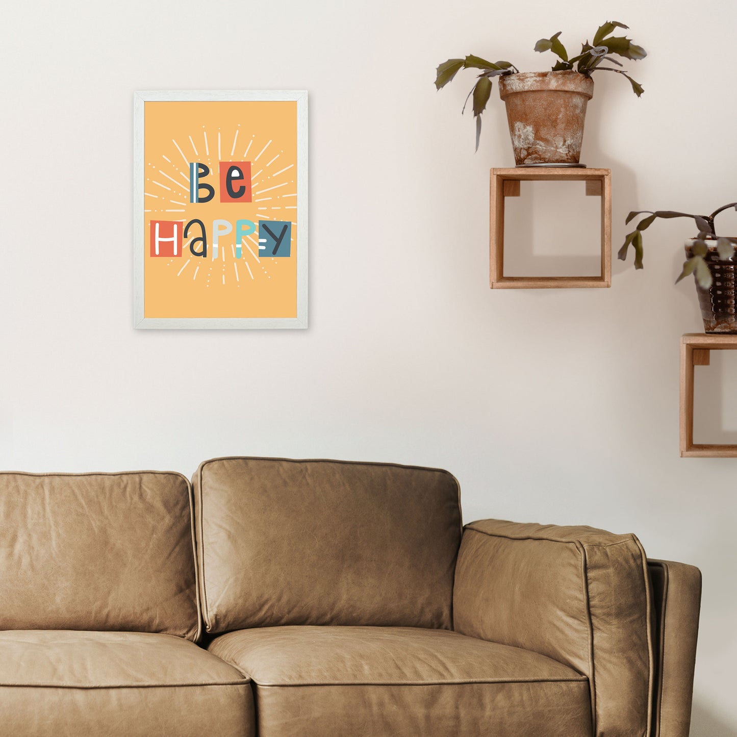 Be happy Neutral kids Art Print by Pixy Paper A3 Oak Frame
