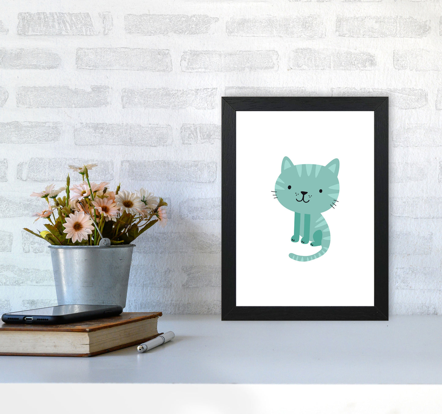 Children's Animals, Cat Modern Print A4 White Frame