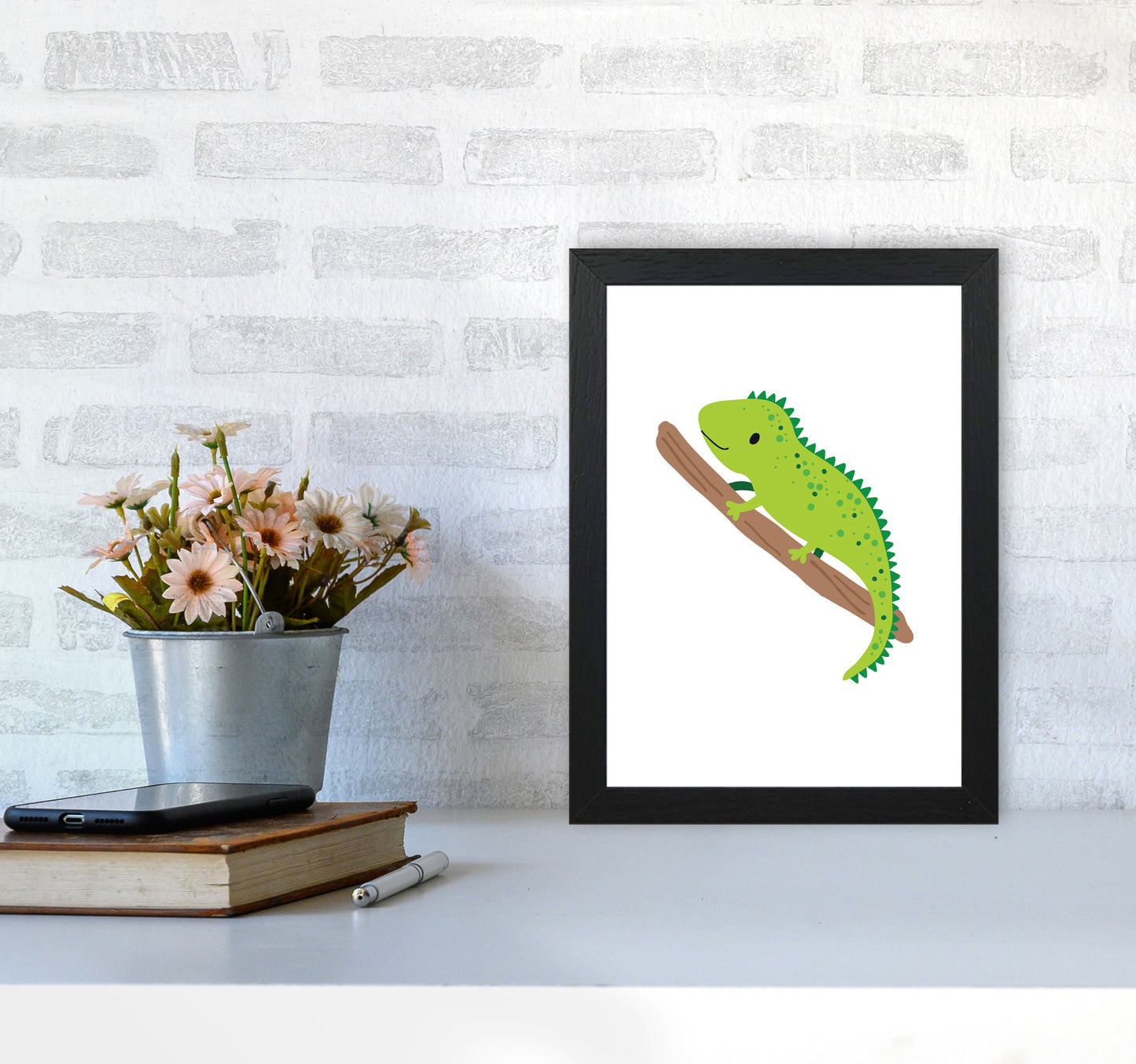 Children's Animals, Iguana Modern Print A4 White Frame