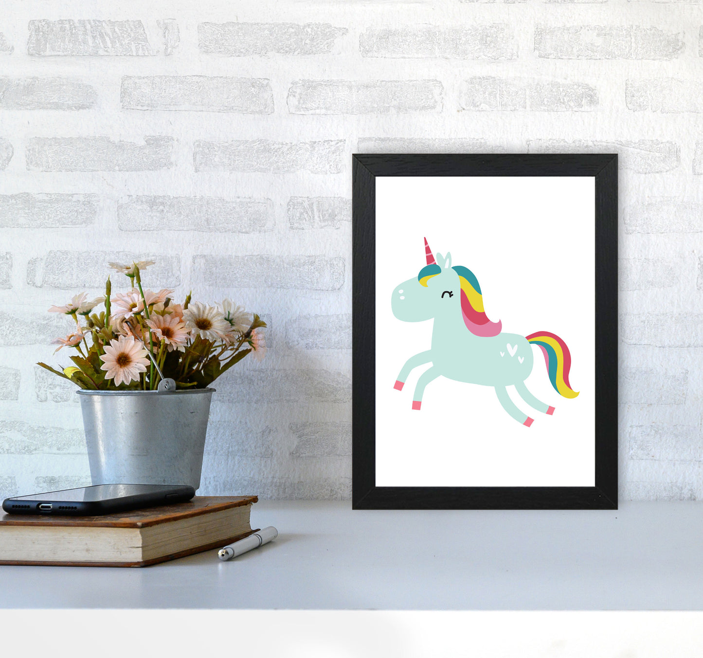 Children's Animals, Unicorn Modern Print A4 White Frame
