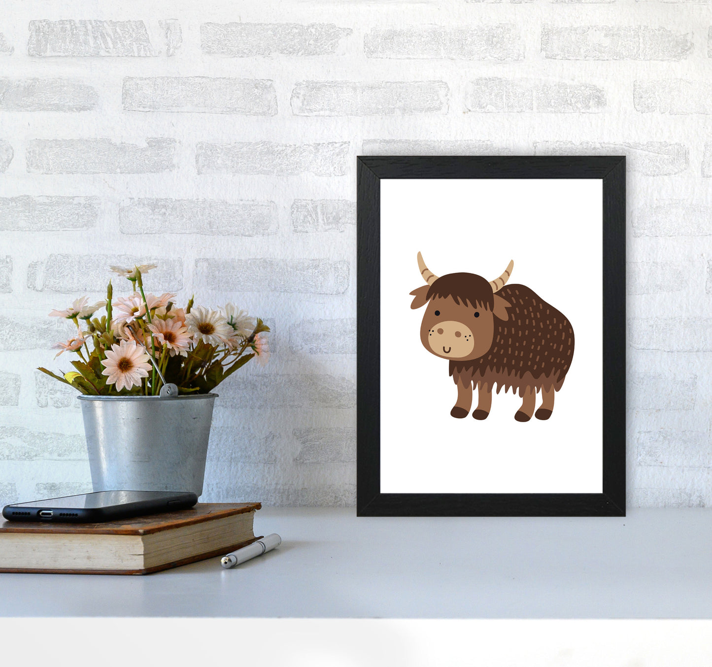Children's Animals, Yak Modern Print A4 White Frame