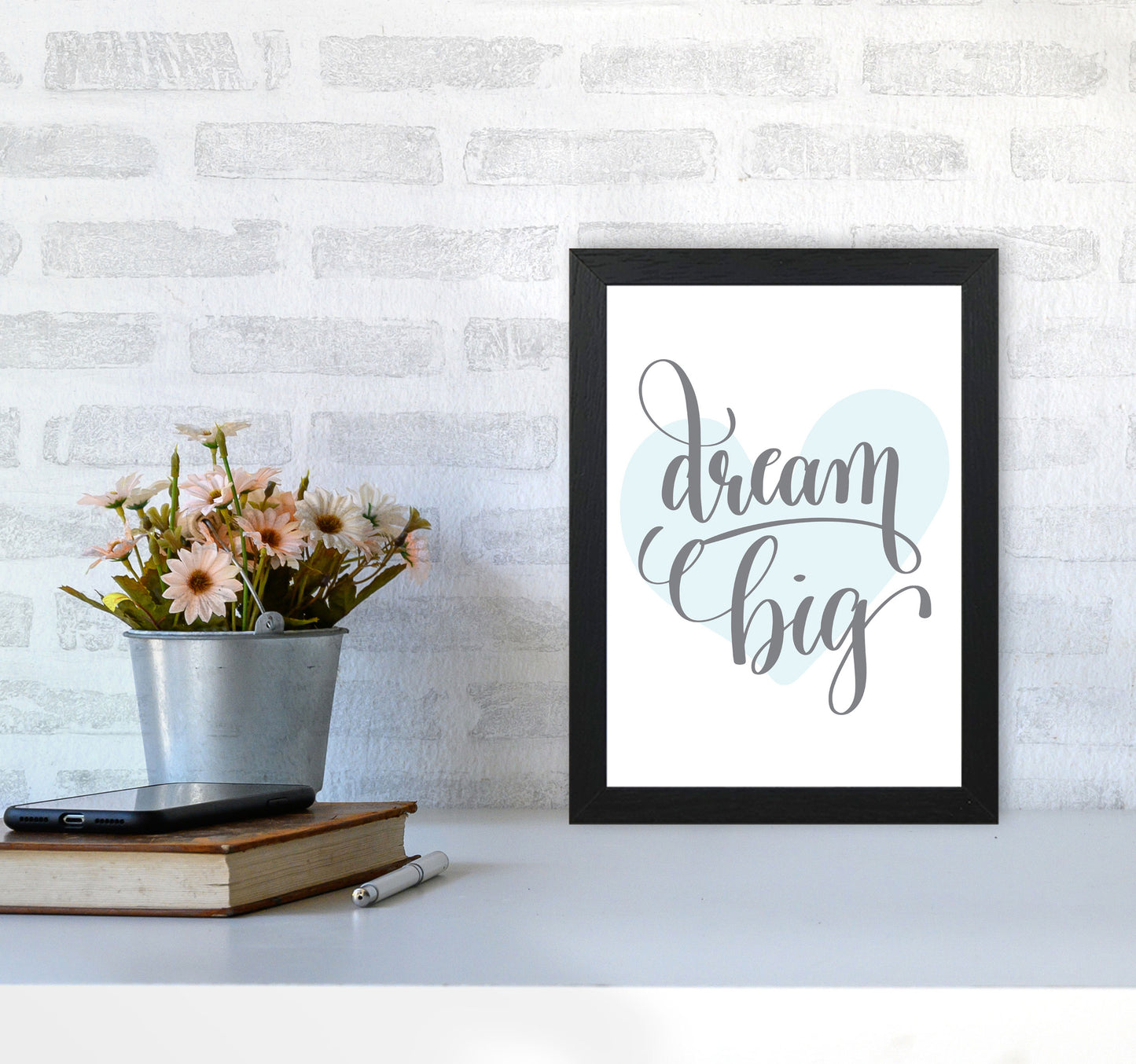 Dream Big Blue Heart Framed Nursey Wall Art Print A4 White Frame