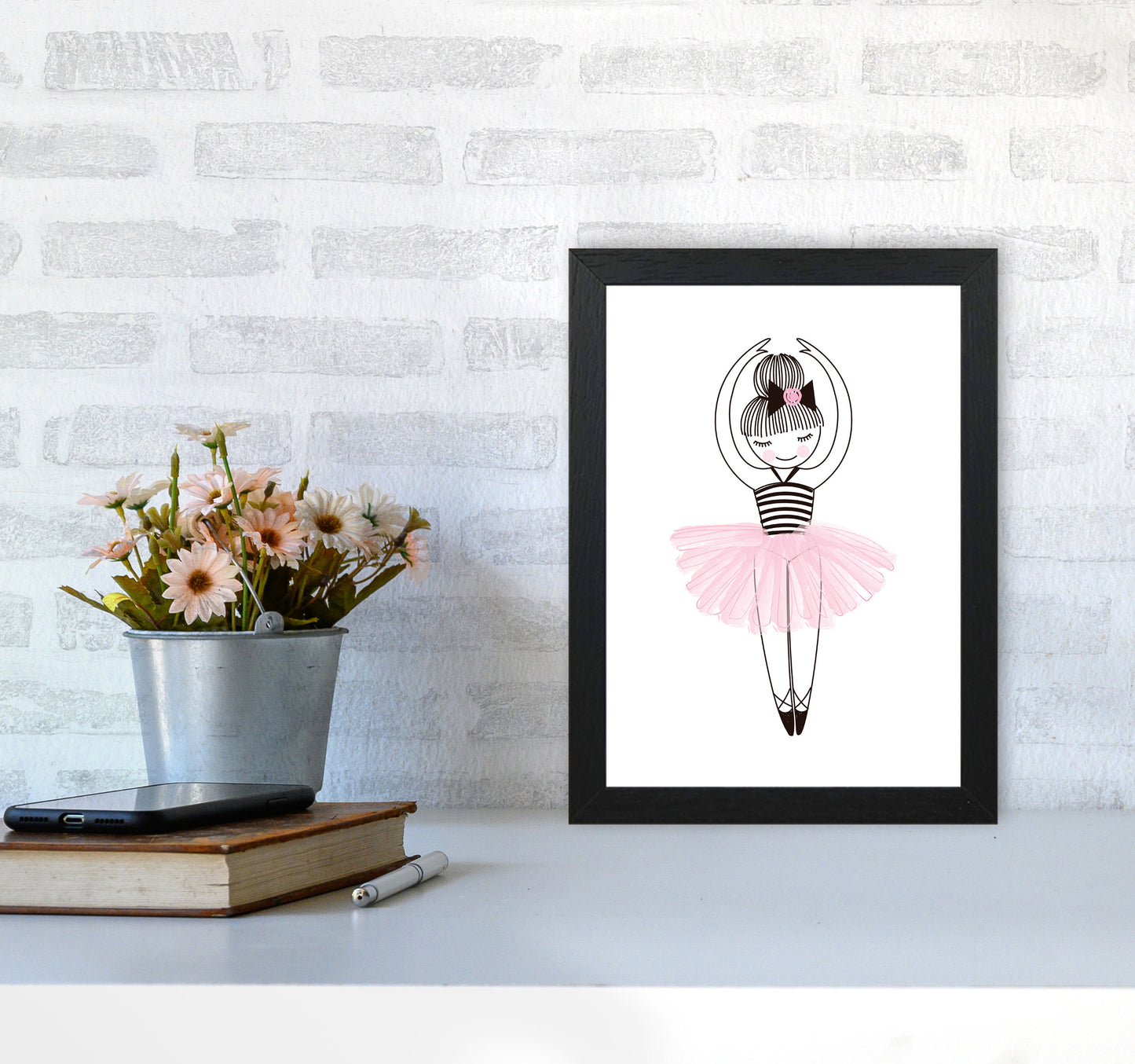 Girl's Ballerina Drawing Multi Set Illustration Wall Art Poster Print A4 White Frame