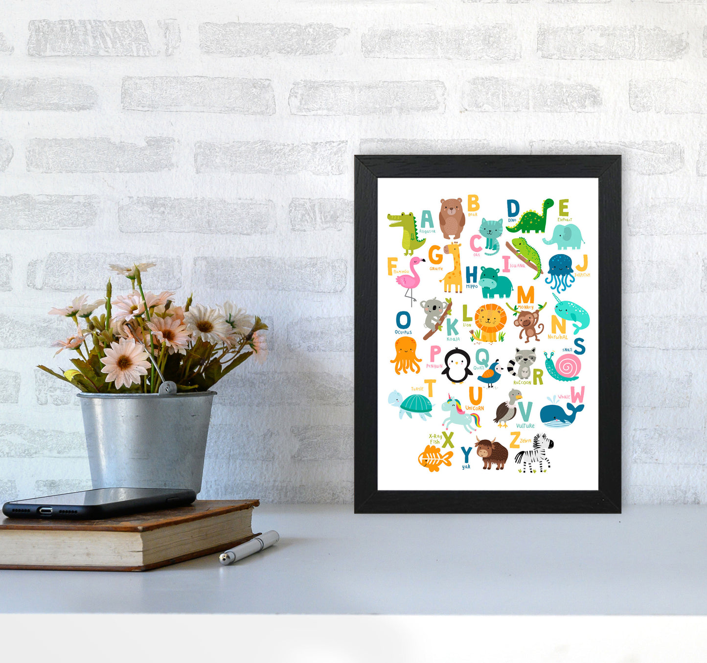 Animal Alphabet Modern Print A4 White Frame