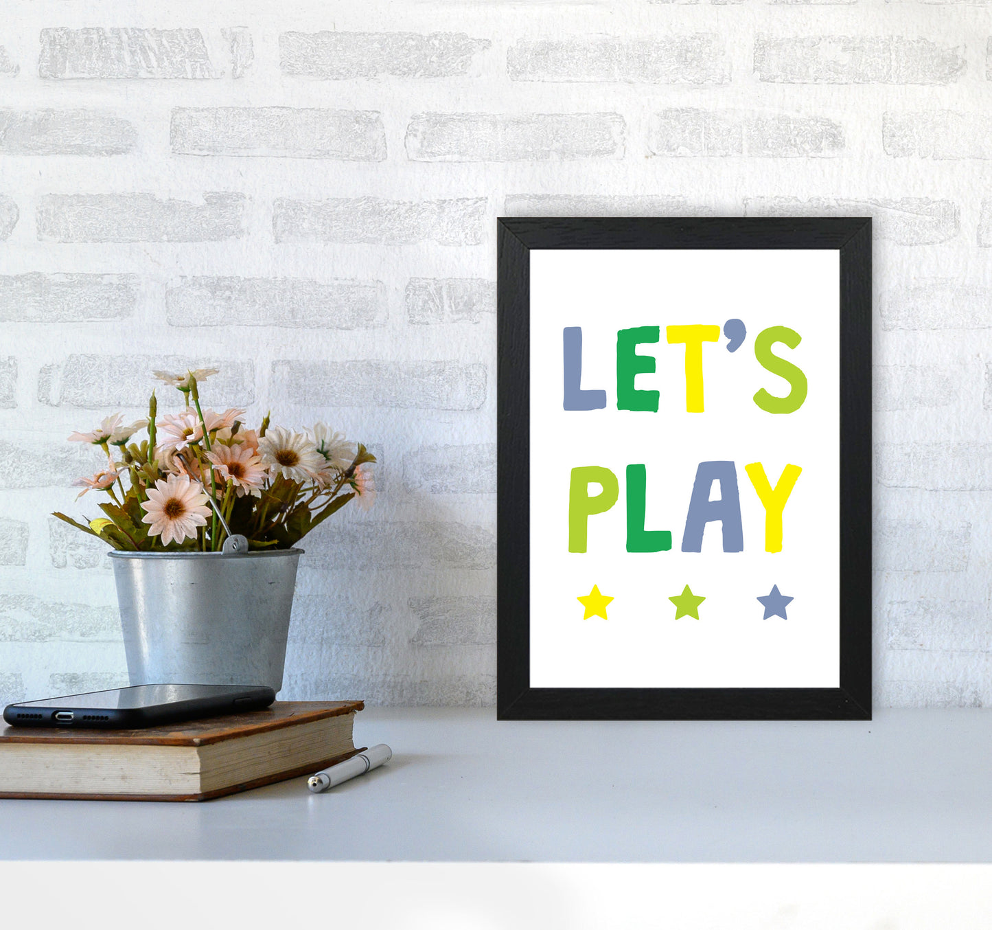 Let's Play Greens Framed Nursey Wall Art Print A4 White Frame