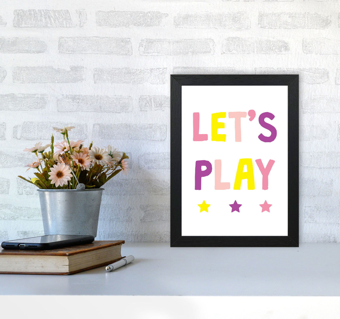 Let's Play Pinks Framed Nursey Wall Art Print A4 White Frame