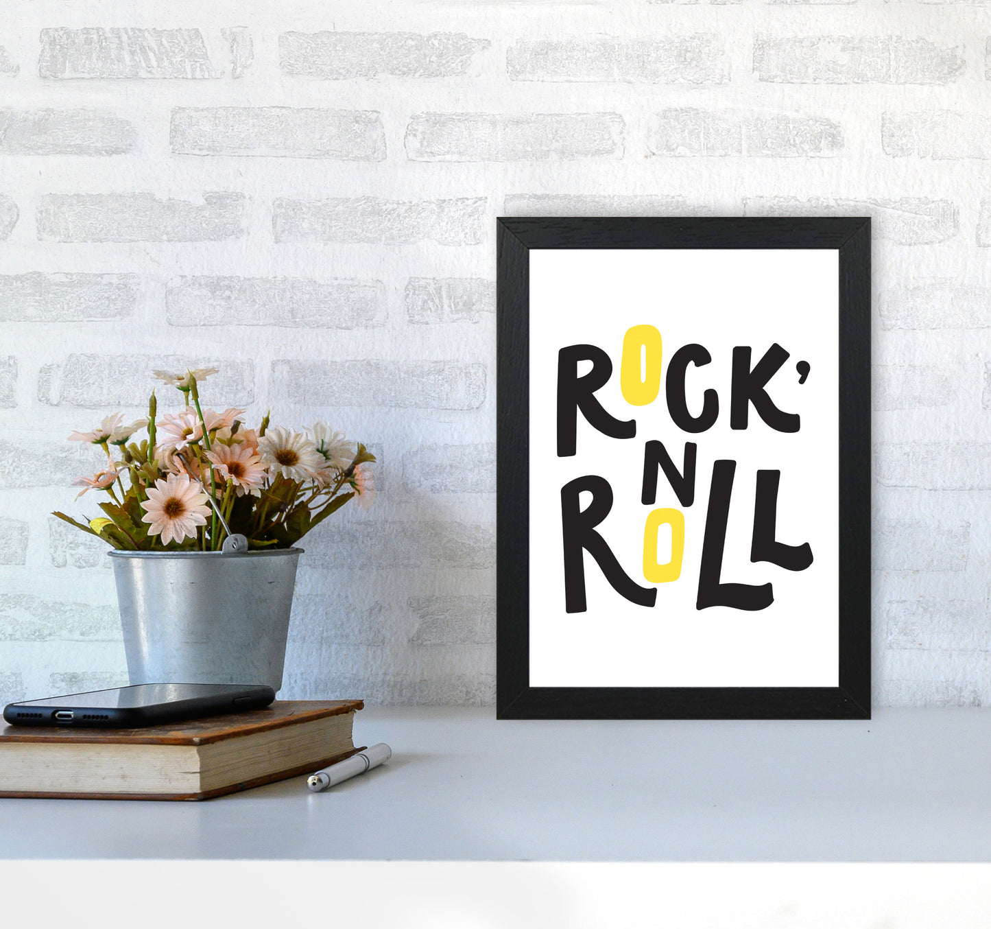 Rock 'N Roll Black And Yellow Modern Print A4 White Frame