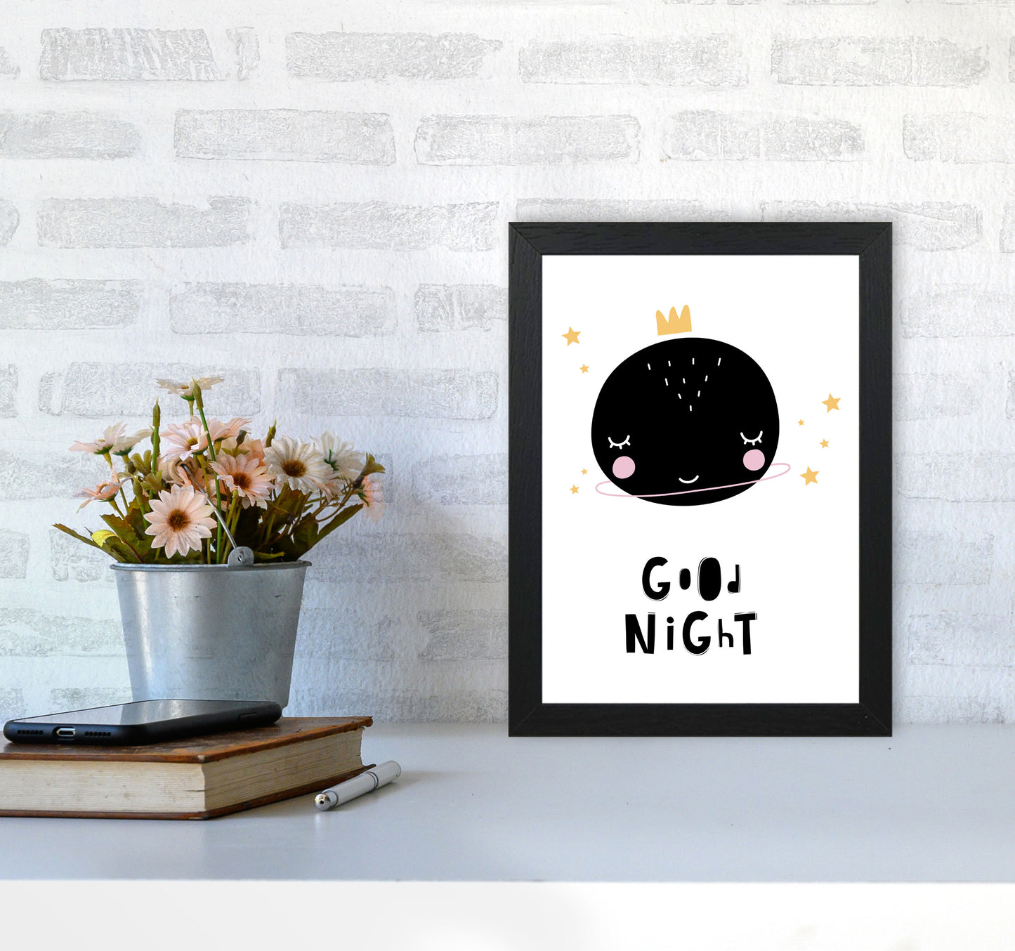 Good Night Planet Framed Nursey Wall Art Print A4 White Frame