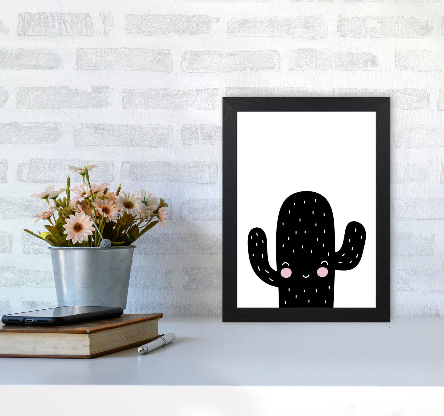 Black Scandi Cactus Modern Print, Framed Botanical & Nature Art Print A4 White Frame