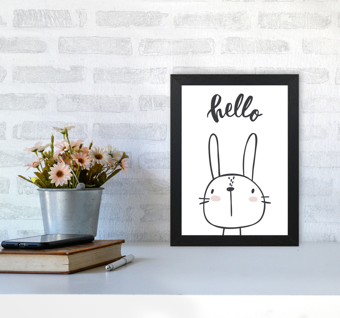 Hello Bunny Modern Print Animal Art Print A4 White Frame