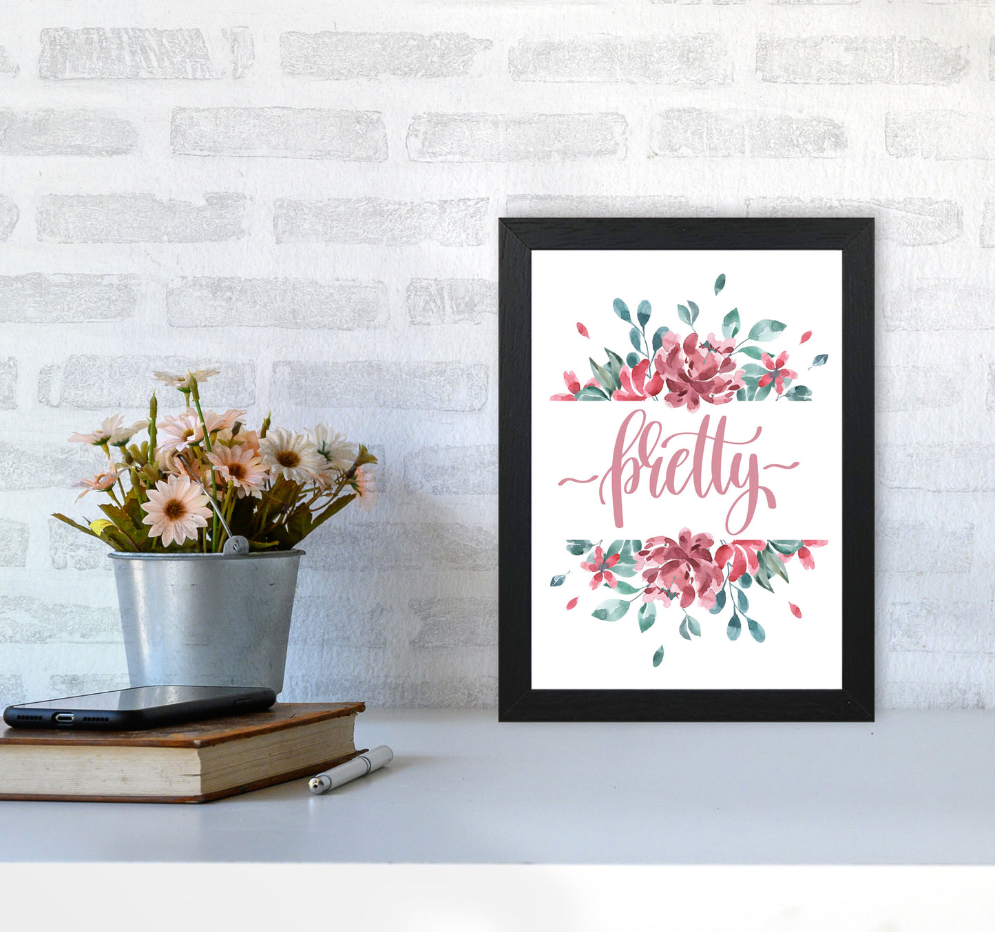 Pretty Pink Floral Framed Typography Wall Art Print A4 White Frame