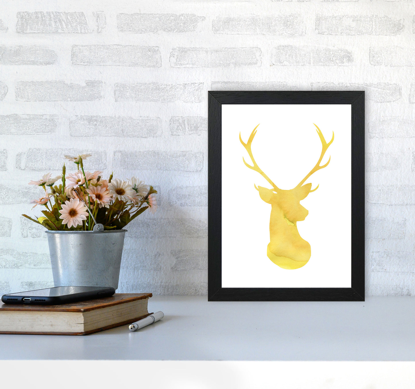 Stags Head Watercolour Modern Print Animal Art Print A4 White Frame