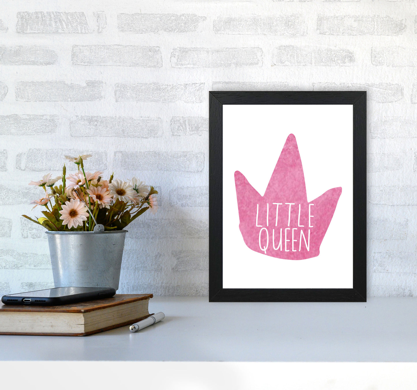Little Queen Pink Crown Watercolour Modern Print A4 White Frame