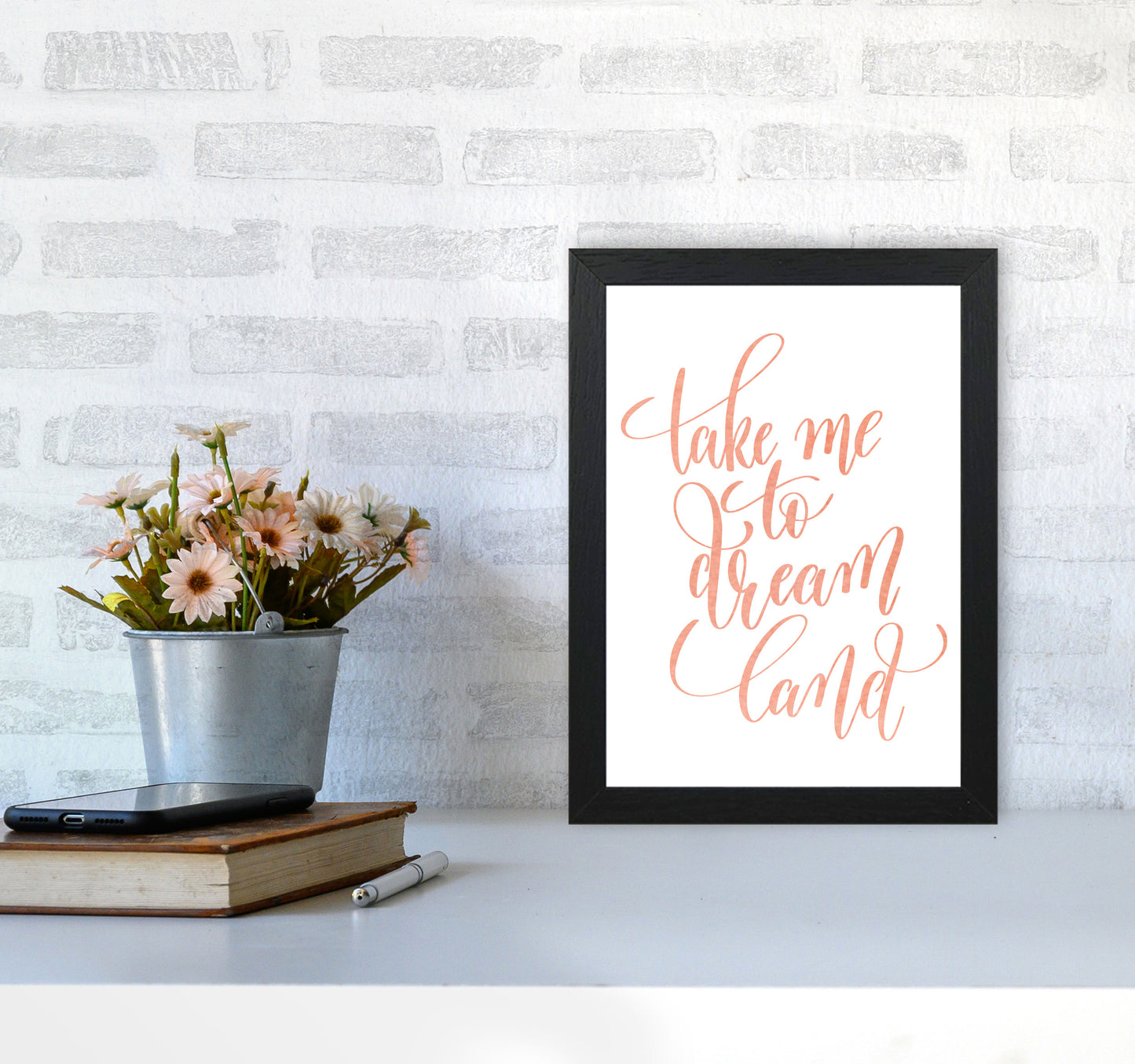 Take Me To Dreamland Peach Watercolour Modern Print A4 White Frame