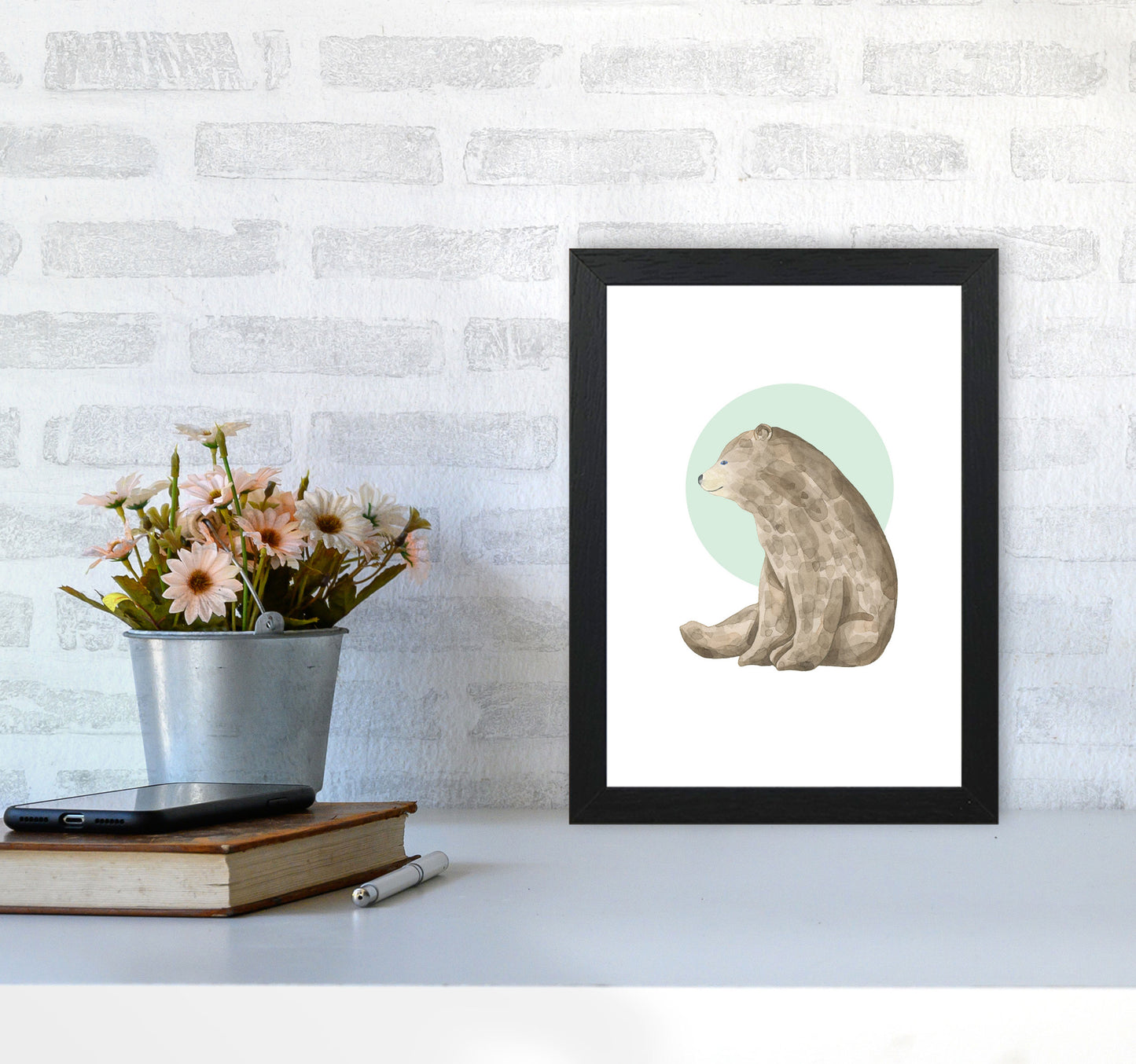 Watercolour Bear With Green Circle Modern Print Animal Art Print A4 White Frame