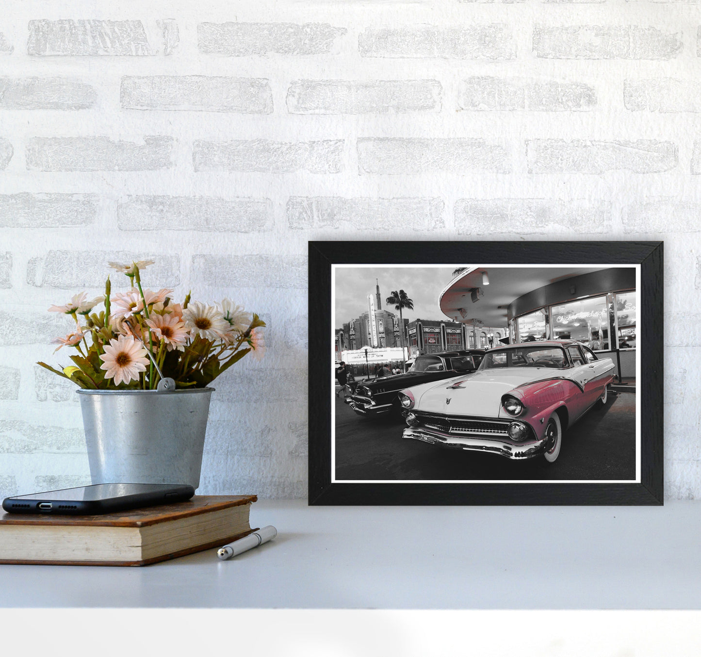 Vintage Pink And White Car Modern Print A4 White Frame