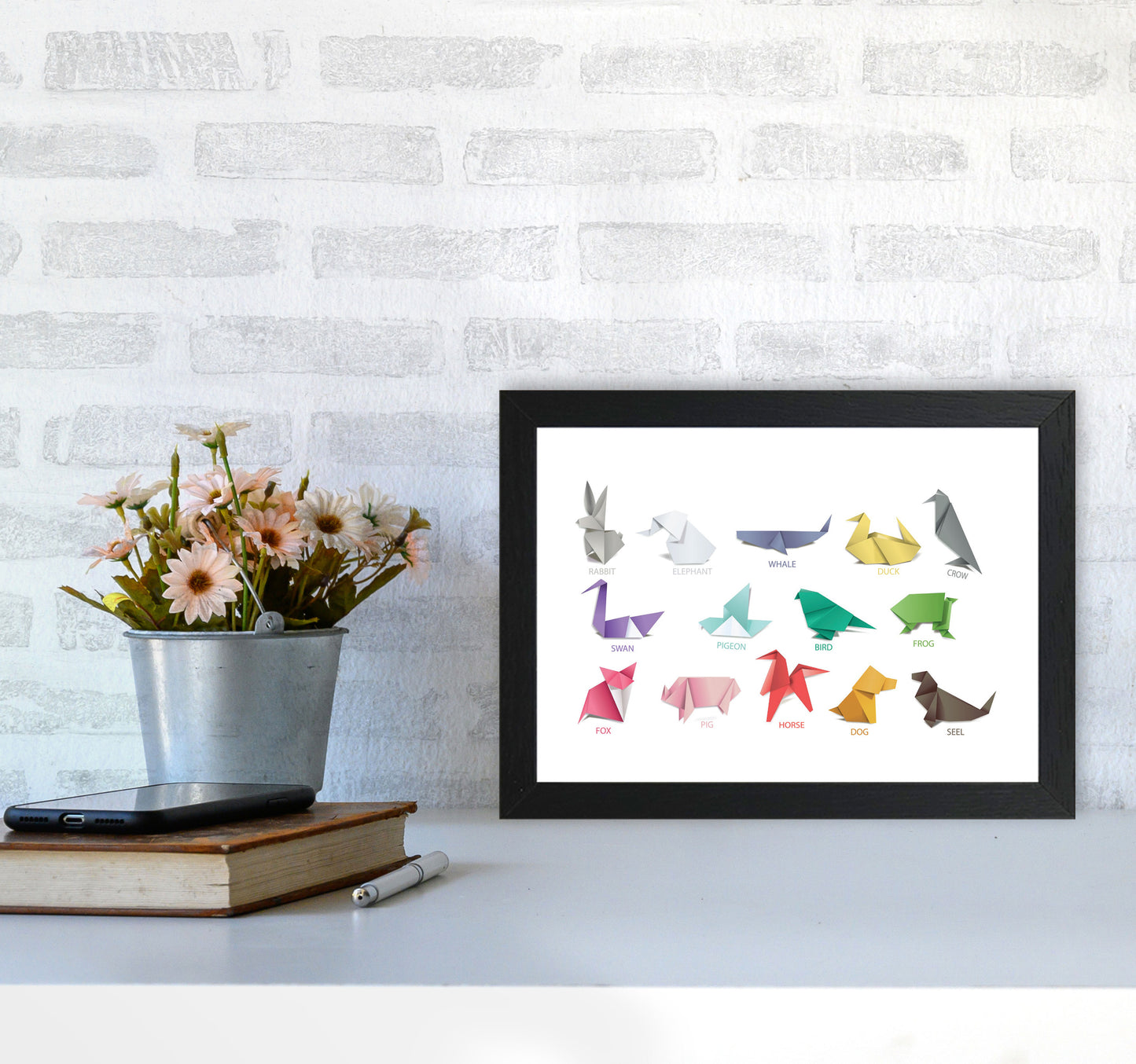 Origami Animals Modern Print A4 White Frame