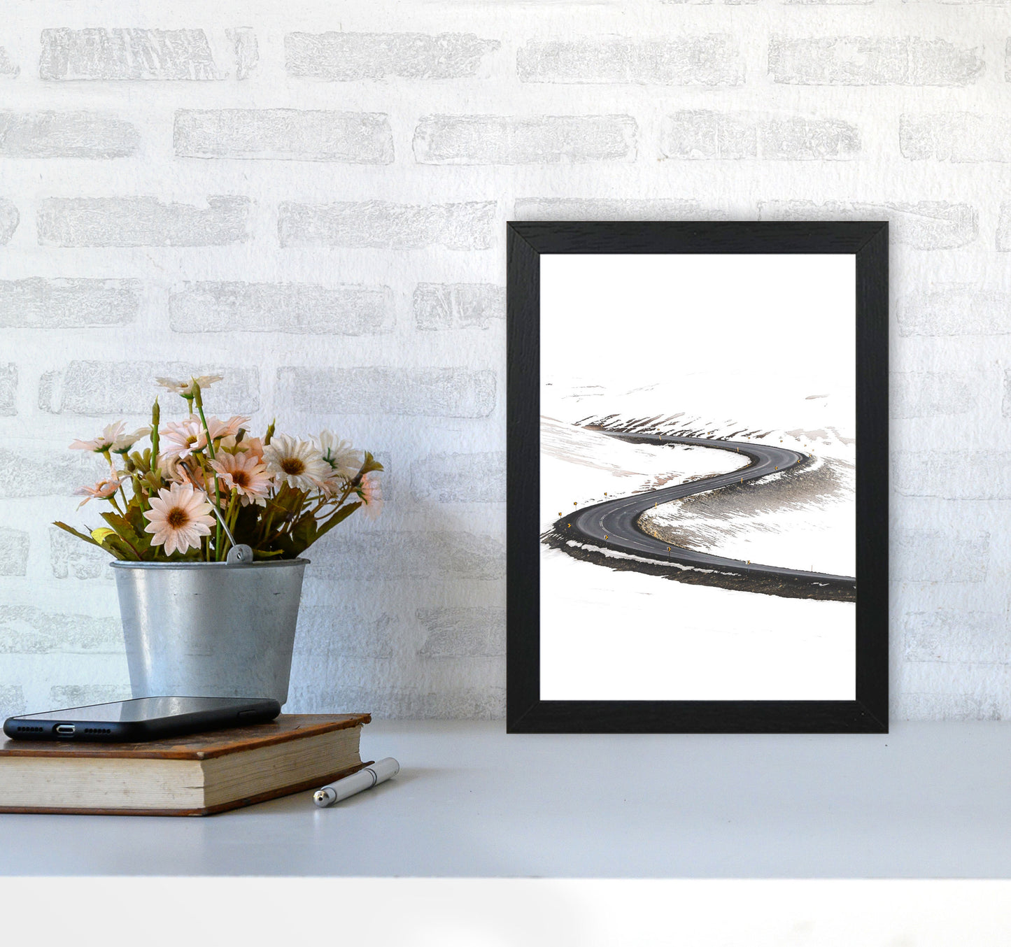 Snowy Road Pass Modern Print A4 White Frame