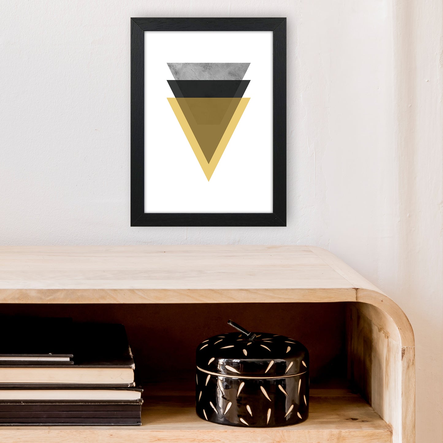 Geometric Mustard And Black Triangles Art Print by Pixy Paper A4 White Frame
