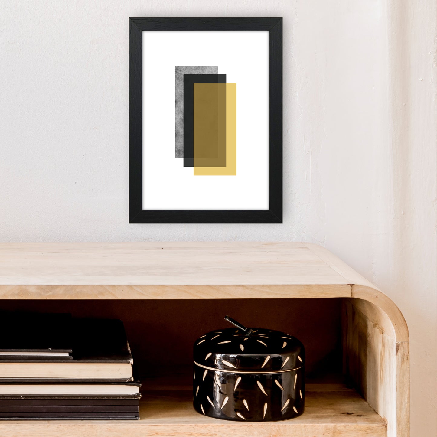 Geometric Mustard And Black Rectangles Art Print by Pixy Paper A4 White Frame