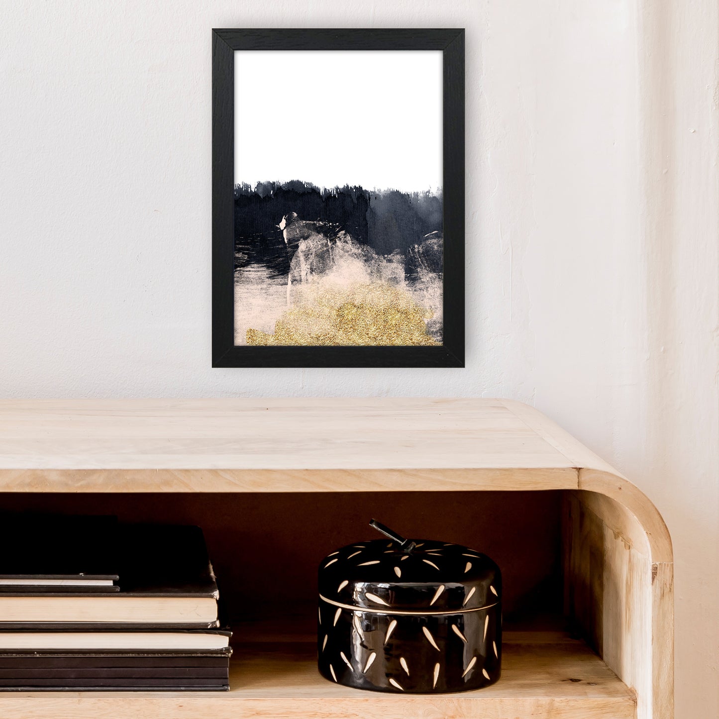 Lux Half Navy And Gold Paint Strokes Art Print by Pixy Paper A4 White Frame