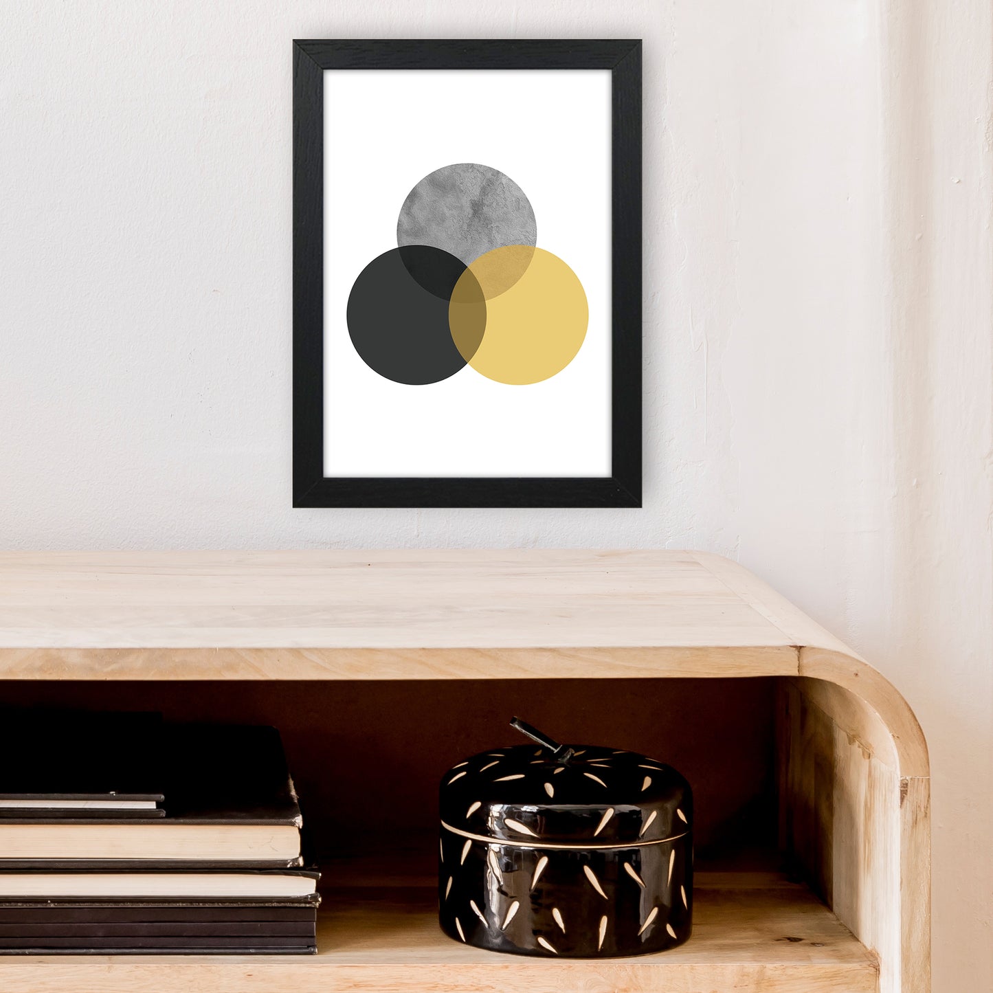 Geometric Mustard And Black Circles Art Print by Pixy Paper A4 White Frame