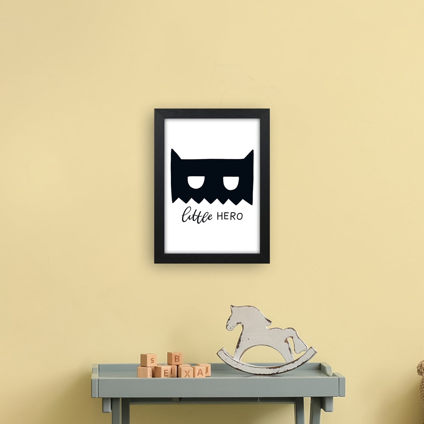 Little Hero Mask Super Scandi Black Art Print by Pixy Paper A4 White Frame