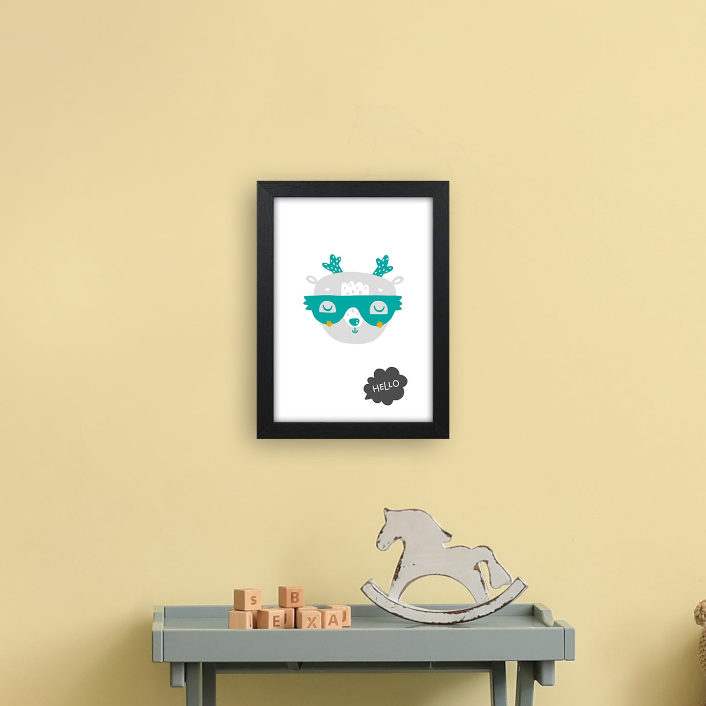 Hello Animal Teal Super Scandi Art Print by Pixy Paper A4 White Frame