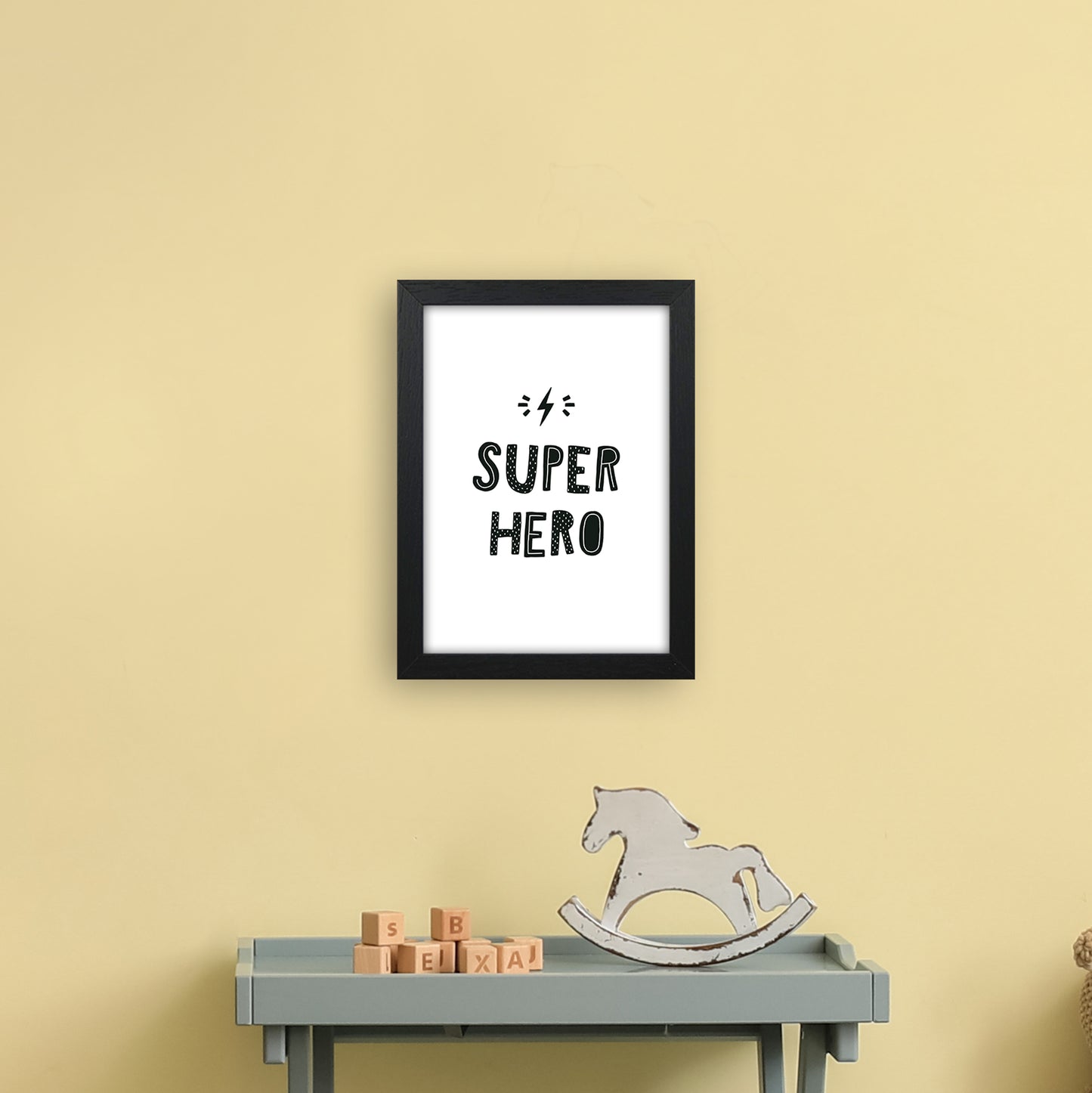 Super Hero Black Super Scandi Art Print by Pixy Paper A4 White Frame