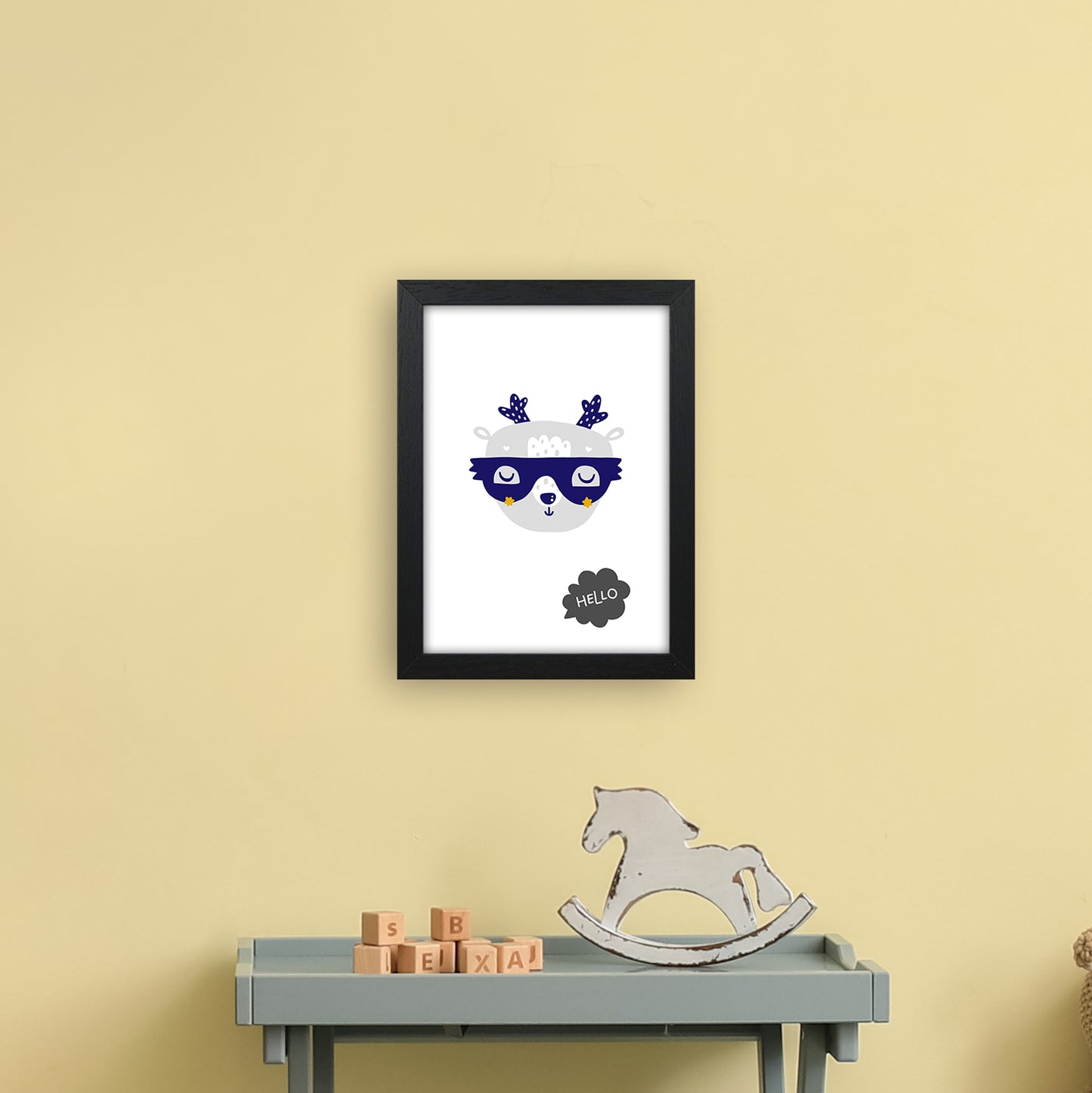 Hello Animal Navy Uper Scandi Art Print by Pixy Paper A4 White Frame
