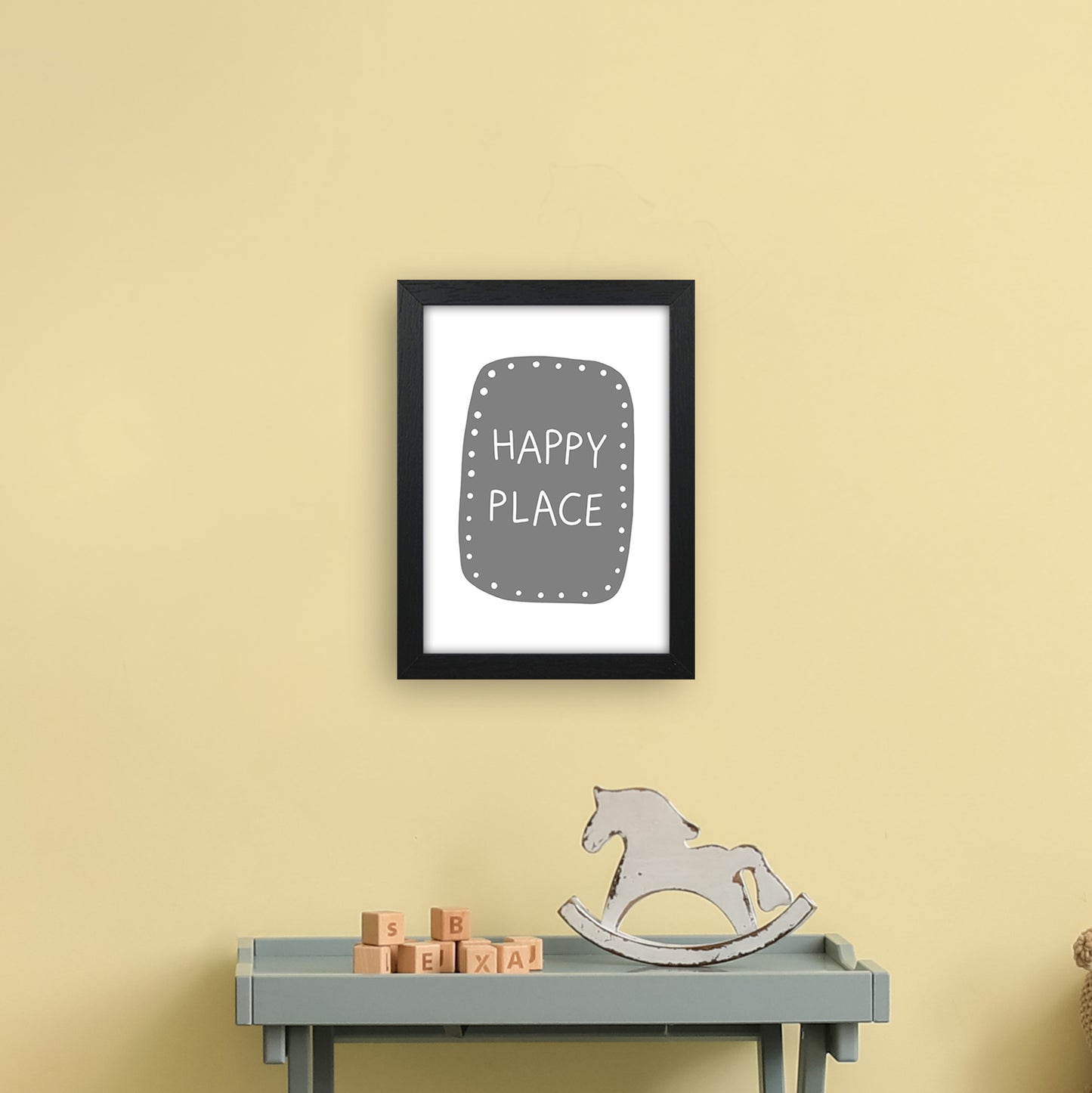 Happy Place Super Scandi Grey Art Print by Pixy Paper A4 White Frame