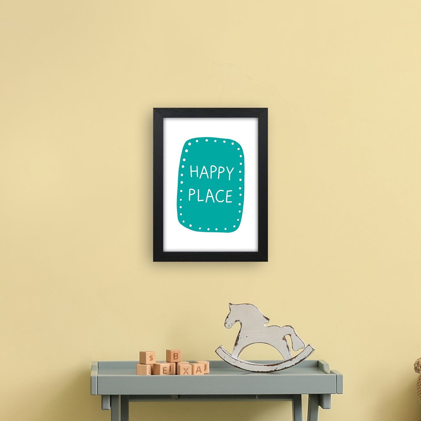 Happy Place Teal Super Scandi Art Print by Pixy Paper A4 White Frame