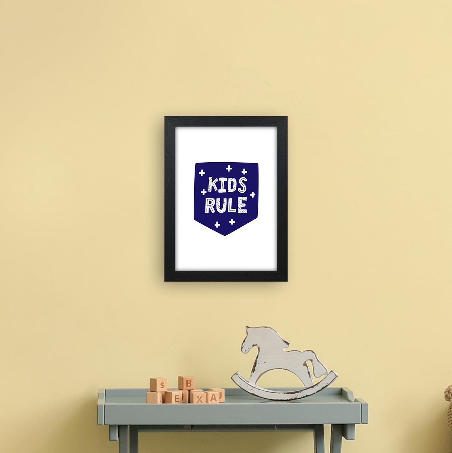 Kids Rule Navy Super Scandi Art Print by Pixy Paper A4 White Frame
