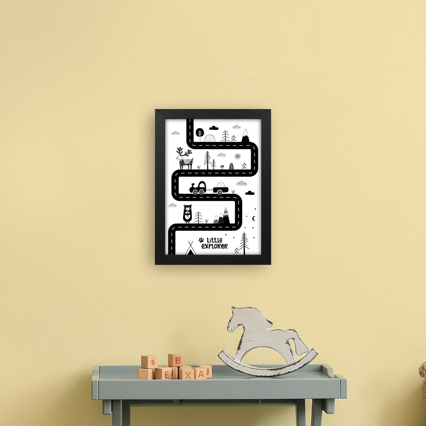 Little Explorer Track Art Print by Pixy Paper A4 White Frame