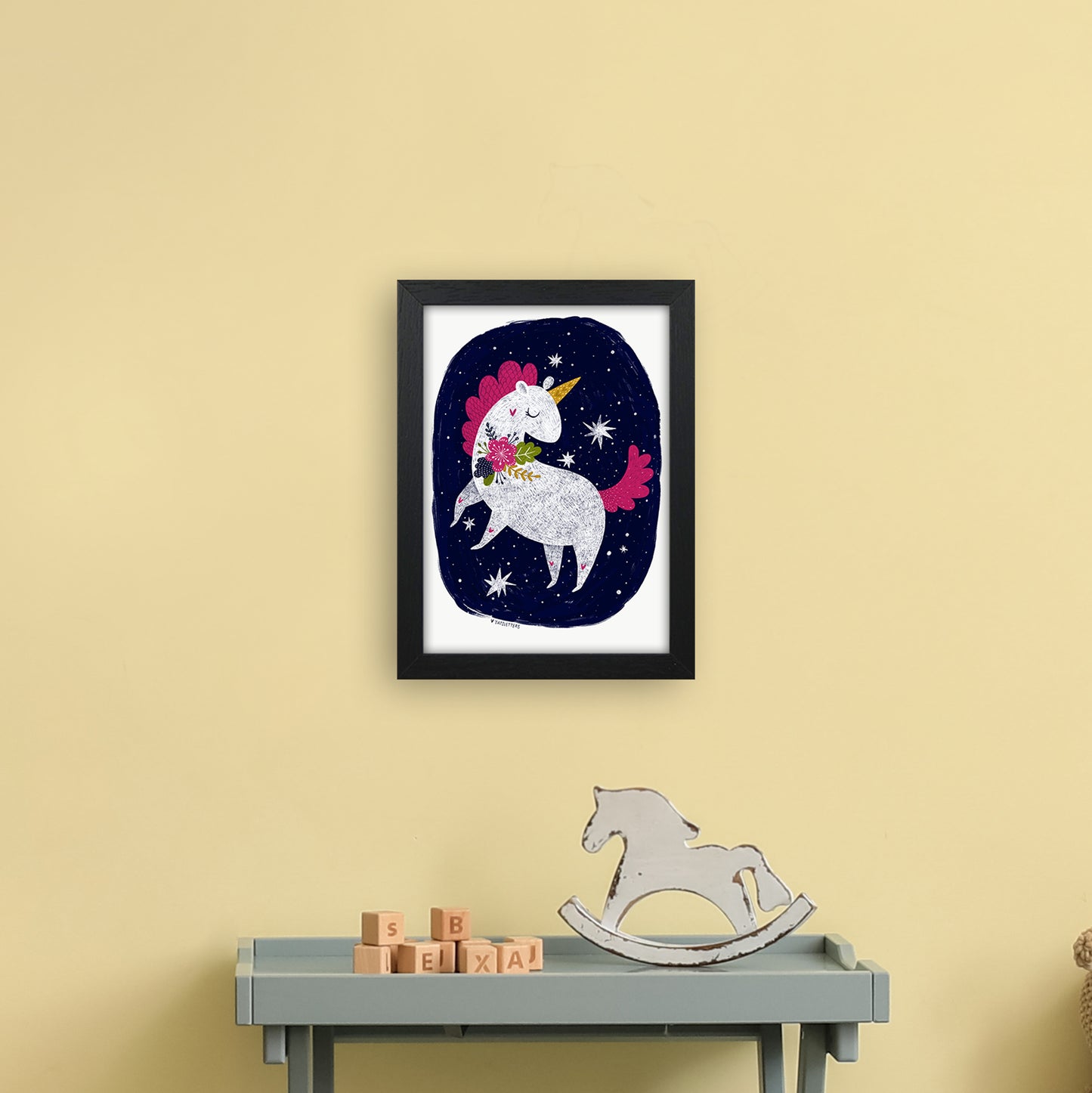 Magical Night Unicorn Art Print by Pixy Paper A4 White Frame