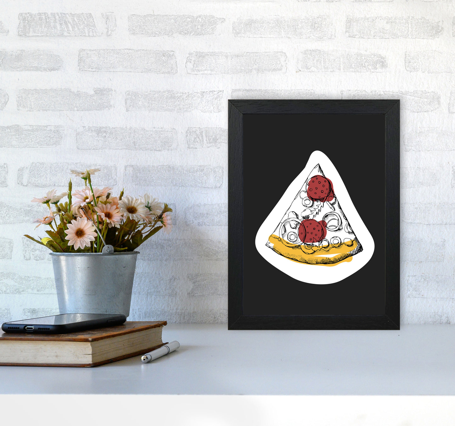 Kitchen Pop Pizza Off Black Art Print by Pixy Paper A4 White Frame