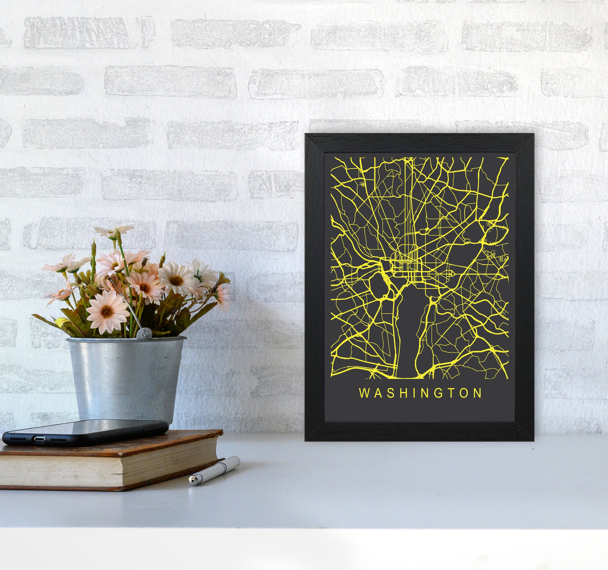 Washington Map Neon Art Print by Pixy Paper A4 White Frame