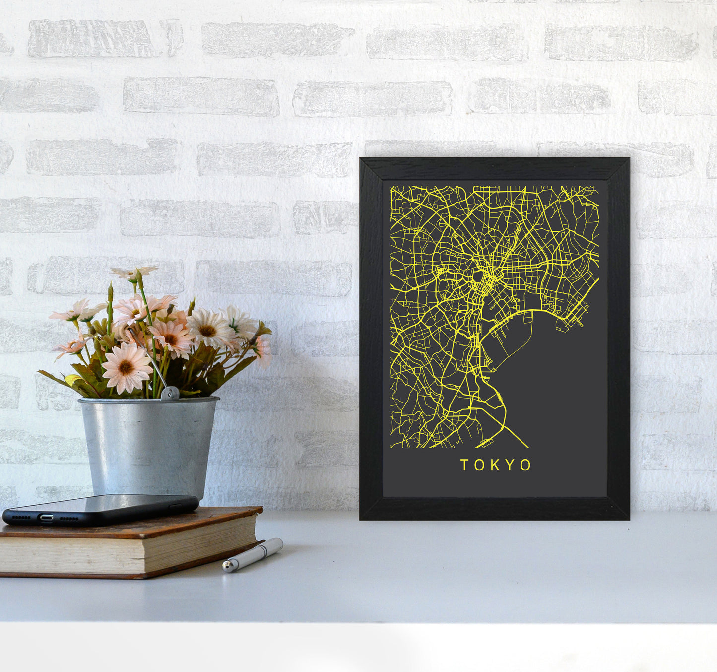 Tokyo Map Neon Art Print by Pixy Paper A4 White Frame