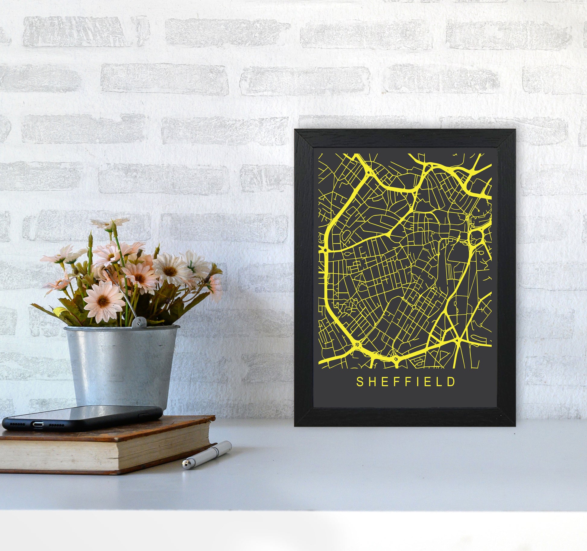 Sheffield Map Neon Art Print by Pixy Paper A4 White Frame